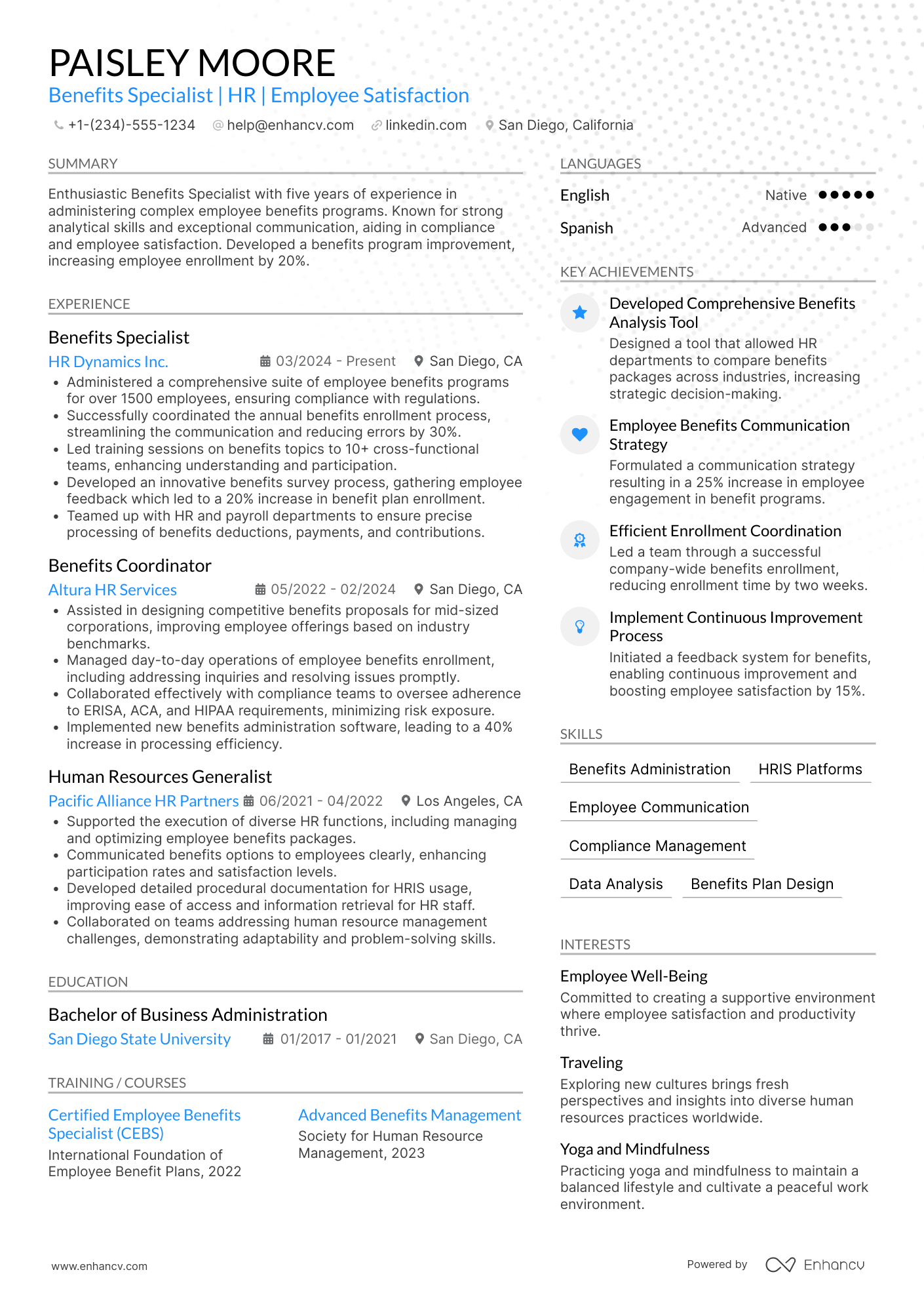 A resume example of a Benefits Specialist
