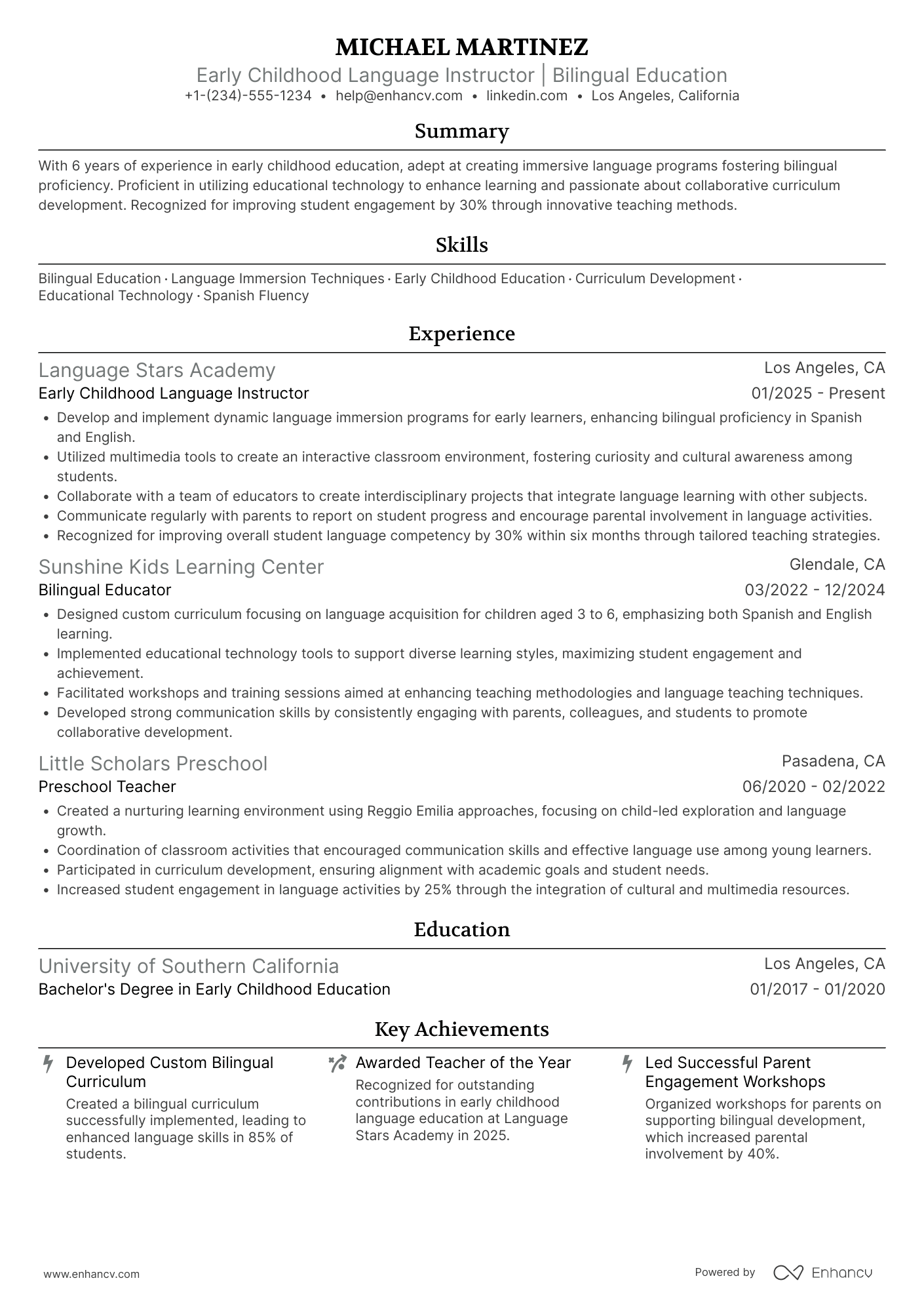 A resume example of a Early Childhood Language Teacher