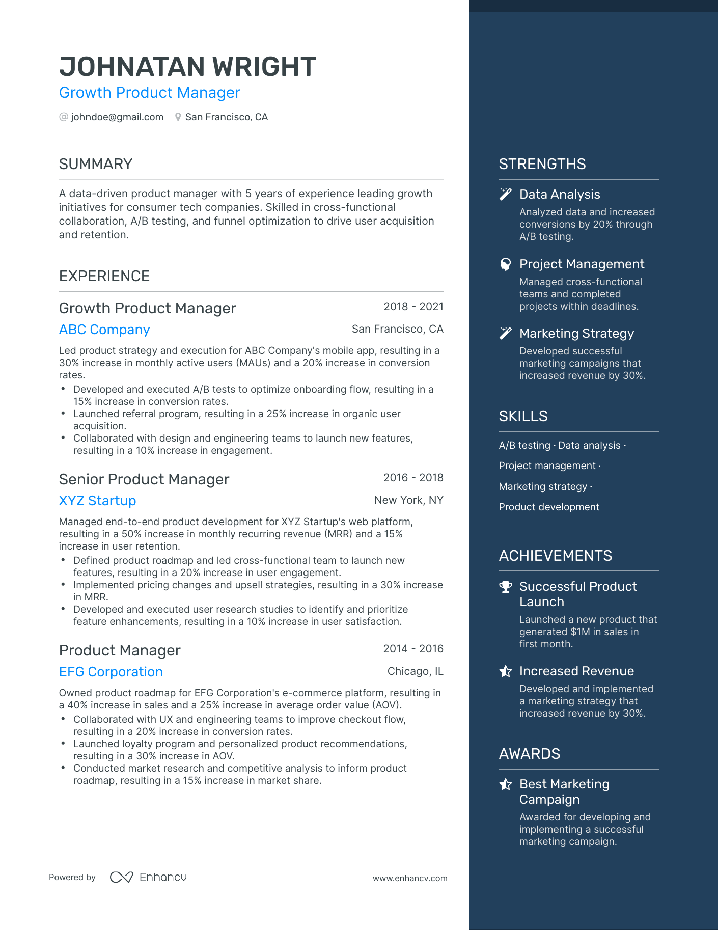 One Page Growth Product Manager Resume Template