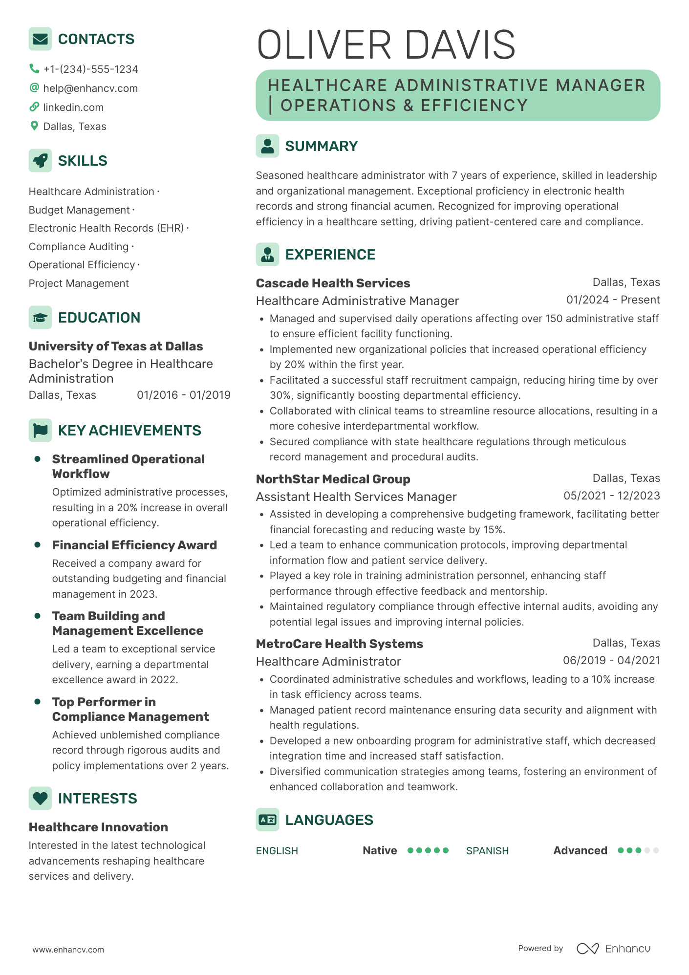 A resume example of a Healthcare Administrative Manager