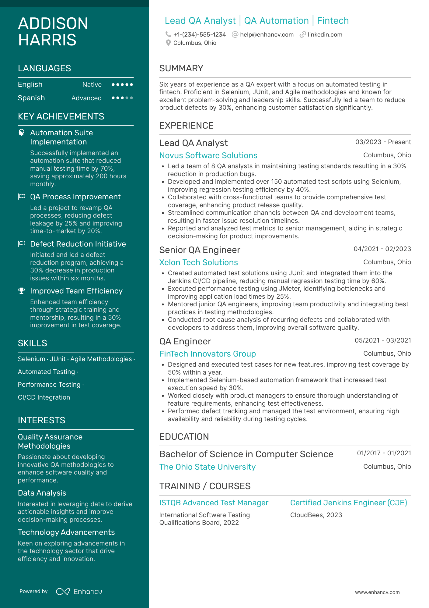 A resume example of a Lead QA Analyst