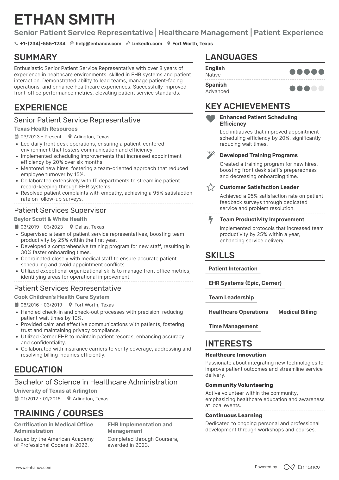 A resume example of a Senior Patient Service Representative