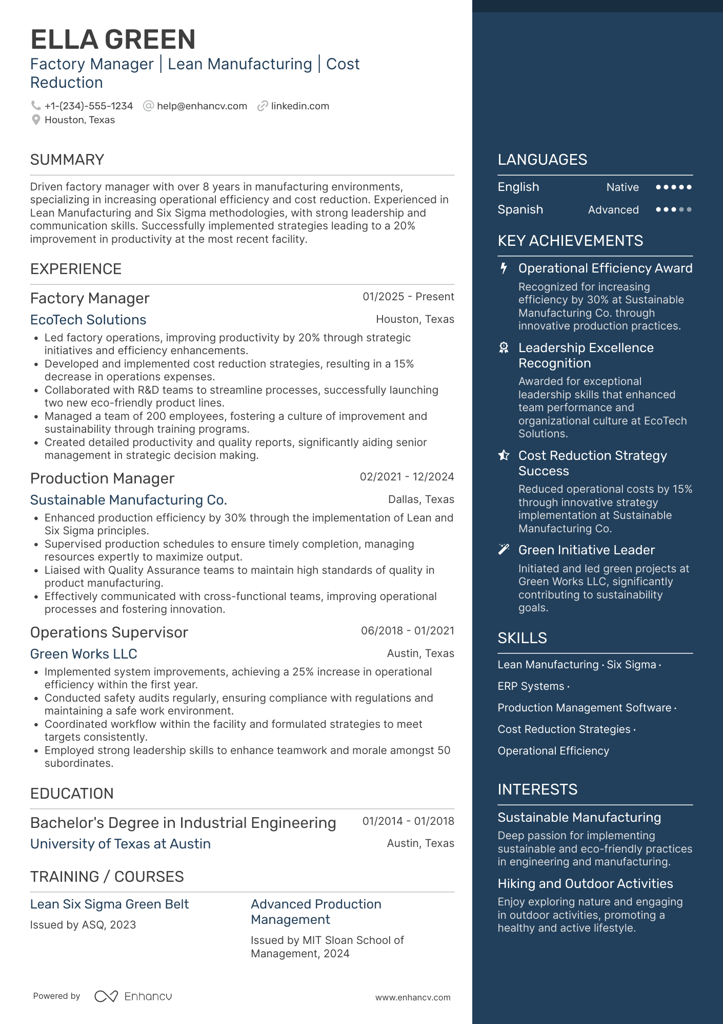 A resume example of a Senior Factory Manager