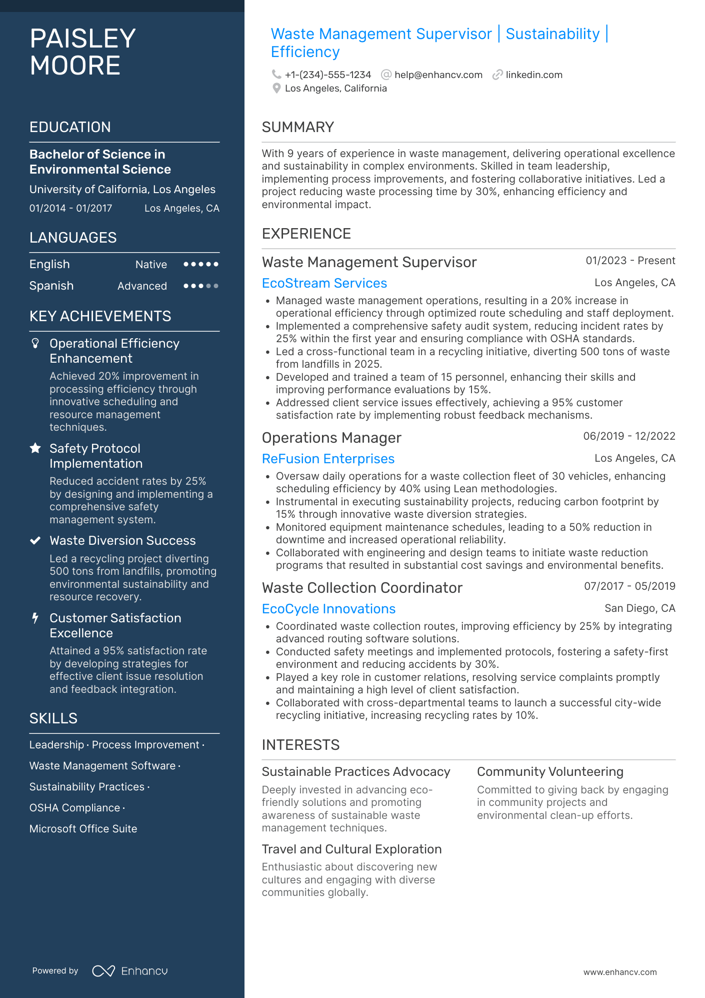 A resume example of a Waste Management Supervisor