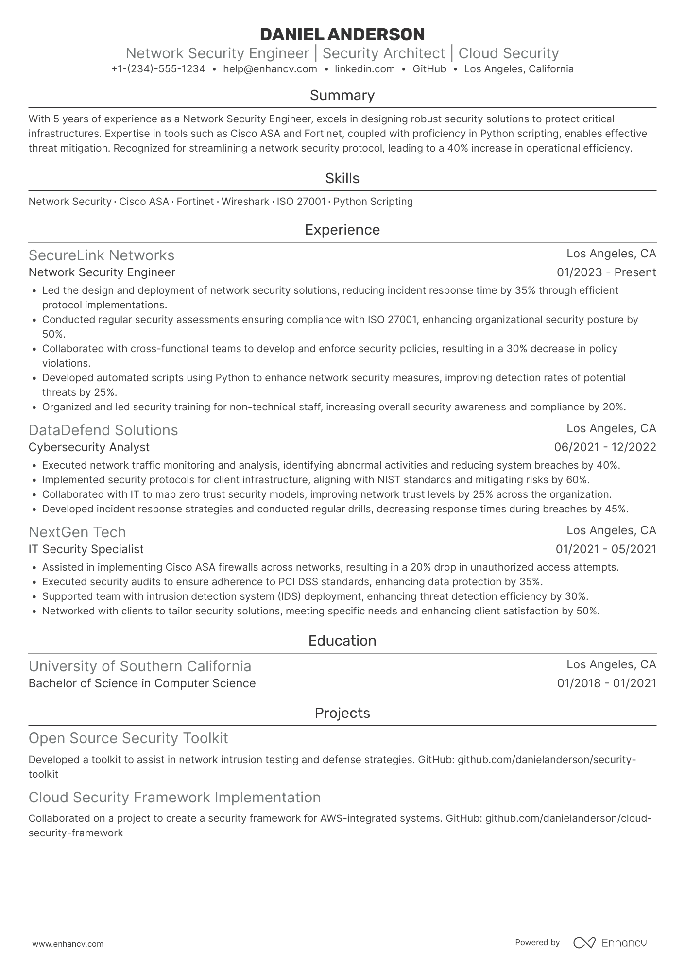 A resume example of a Network Security Engineer