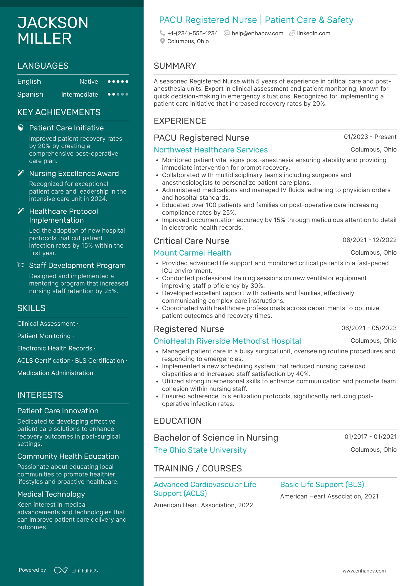 A resume example of a PACU Registered Nurse (RN)