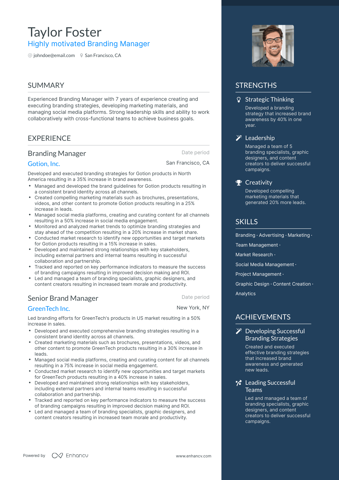 One Page Branding Manager Resume Template