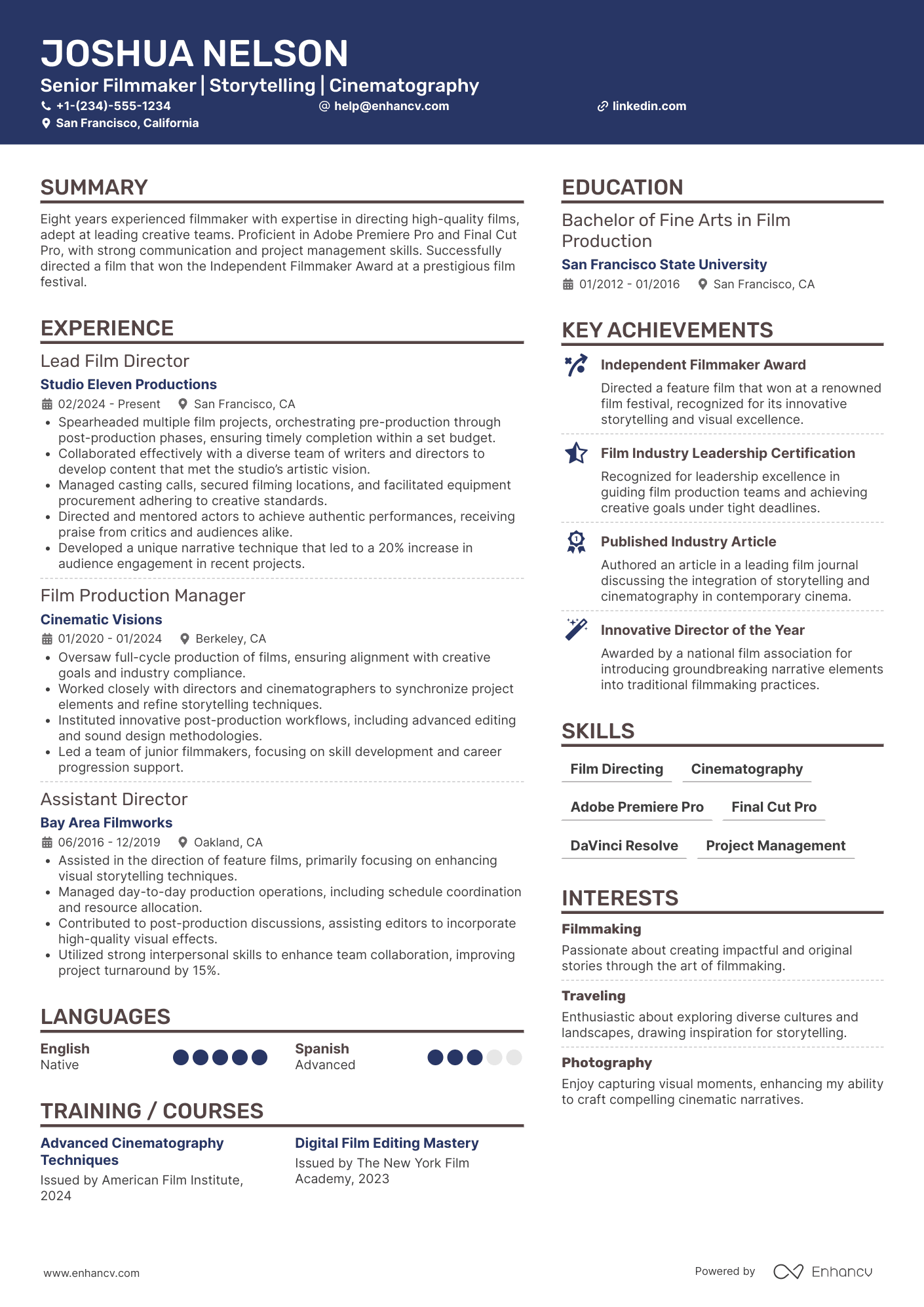 A resume example of a Senior Filmmaker
