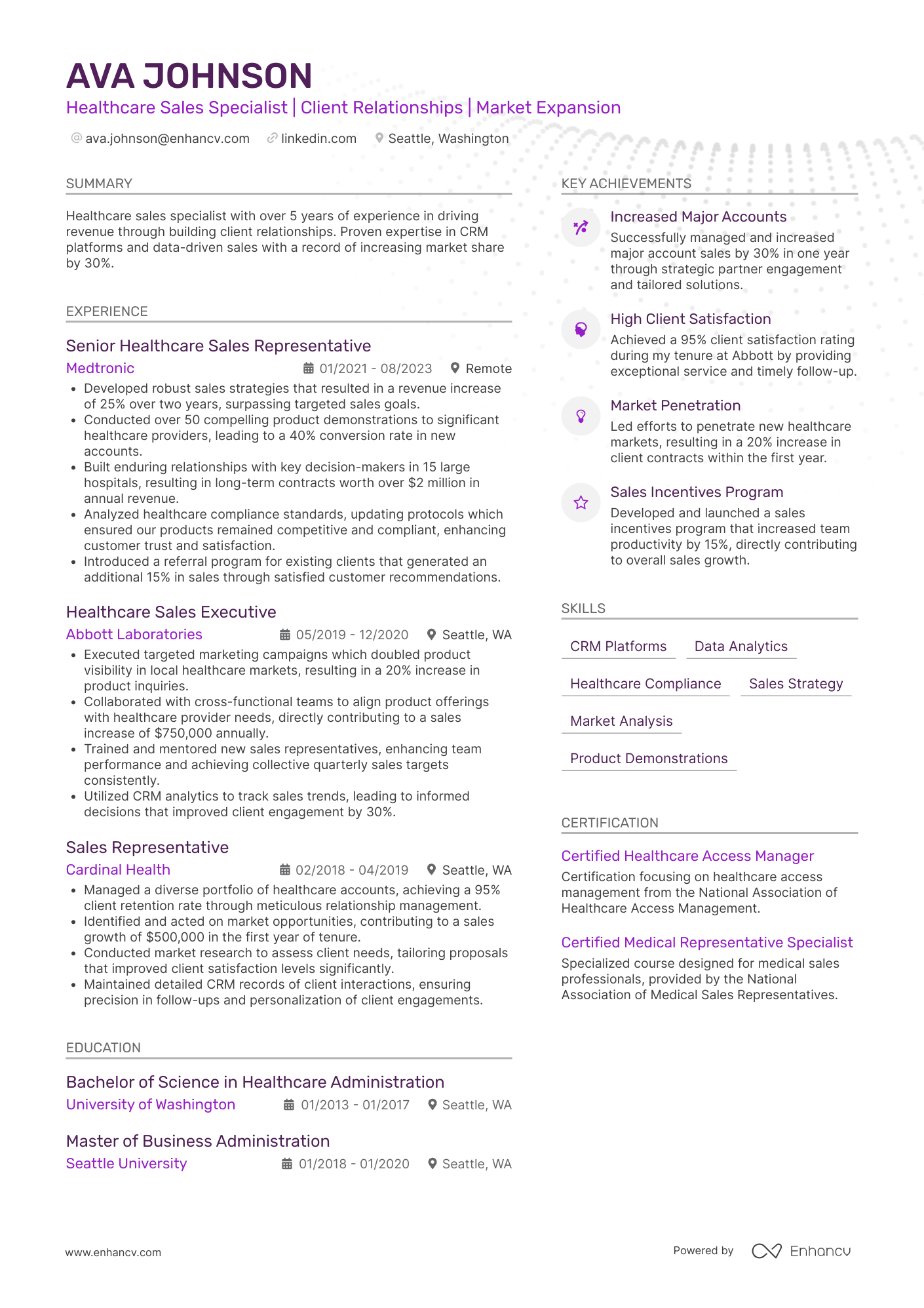A resume example of a Healthcare Sales Representative