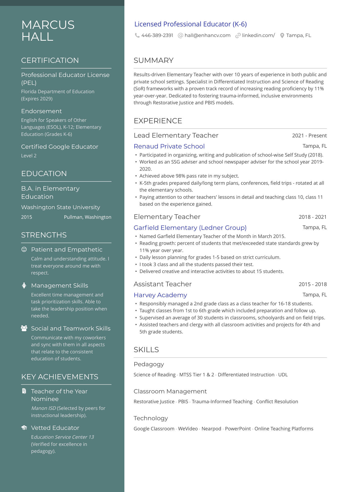 A resume example of a Elementary Teacher