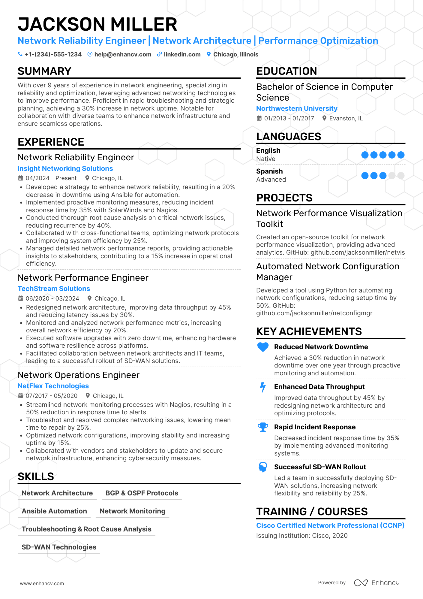 A resume example of a Network Reliability Engineer