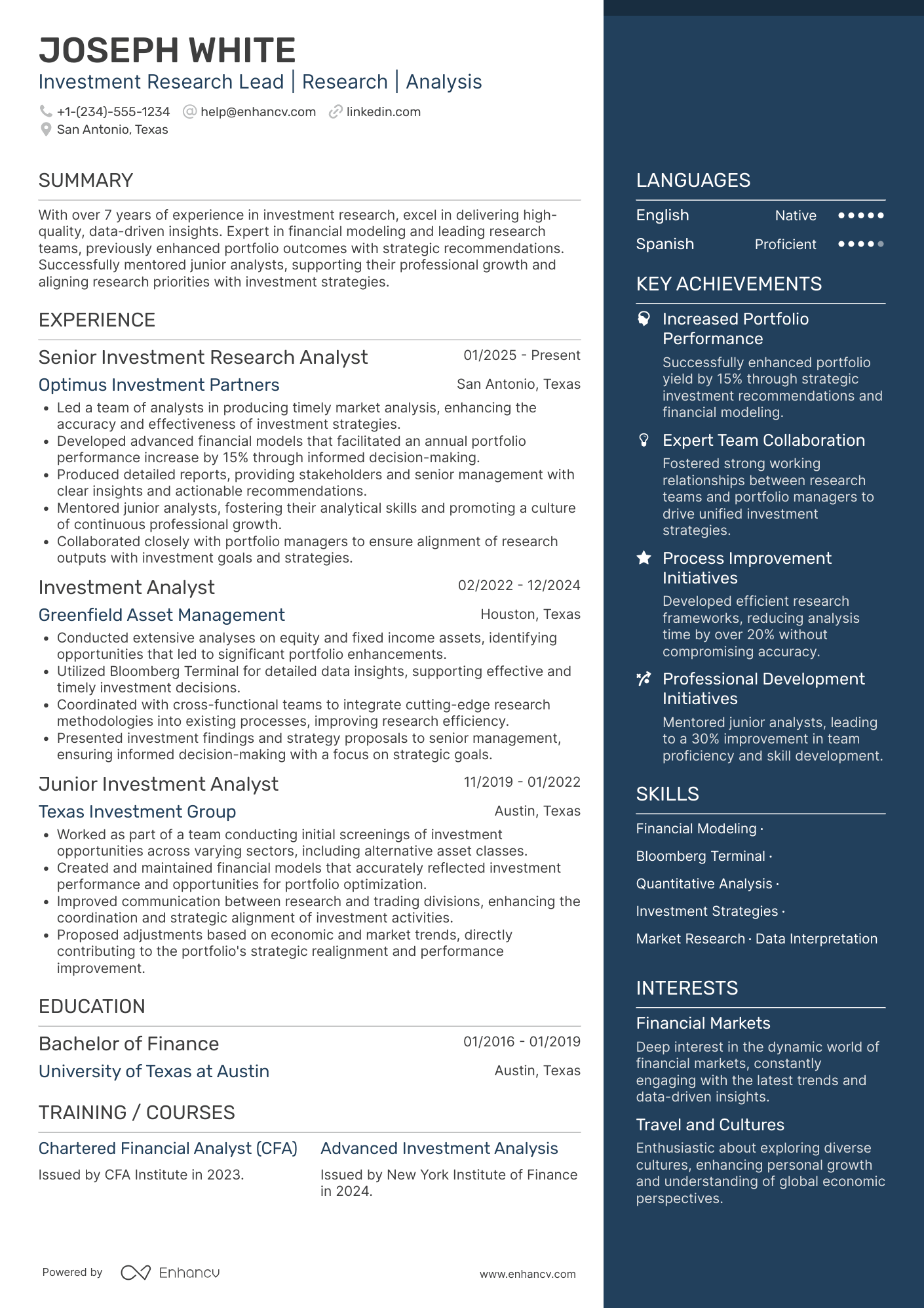A resume example of a Investment Research Manager