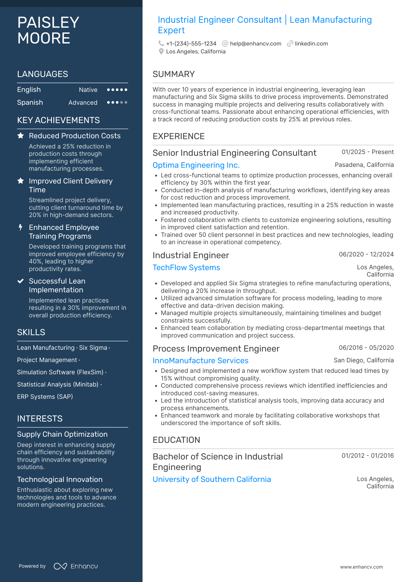 A resume example of a Industrial Engineering Consultant