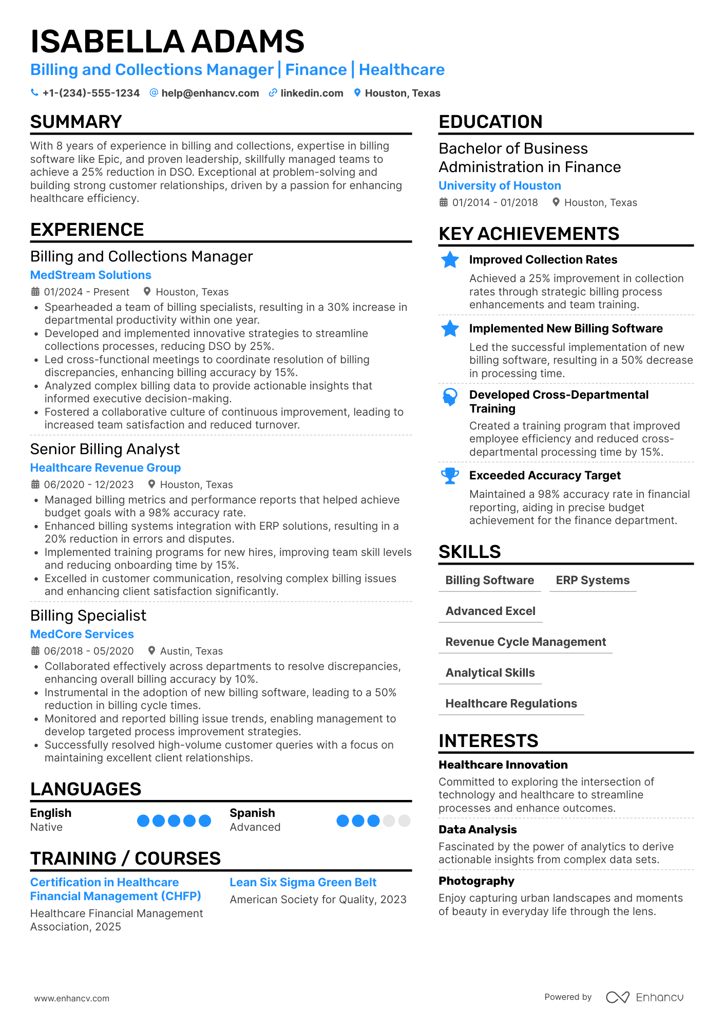 A resume example of a Billing and Collections Manager