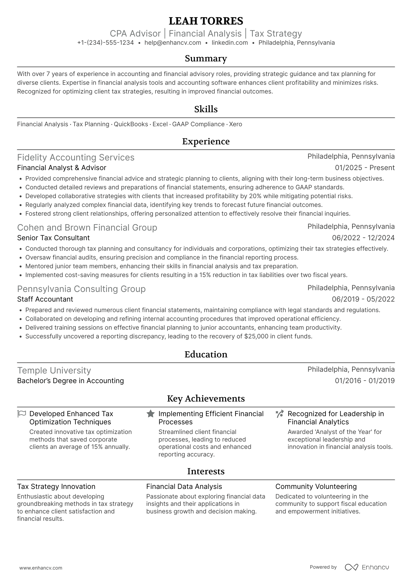 A resume example of a CPA Advisor