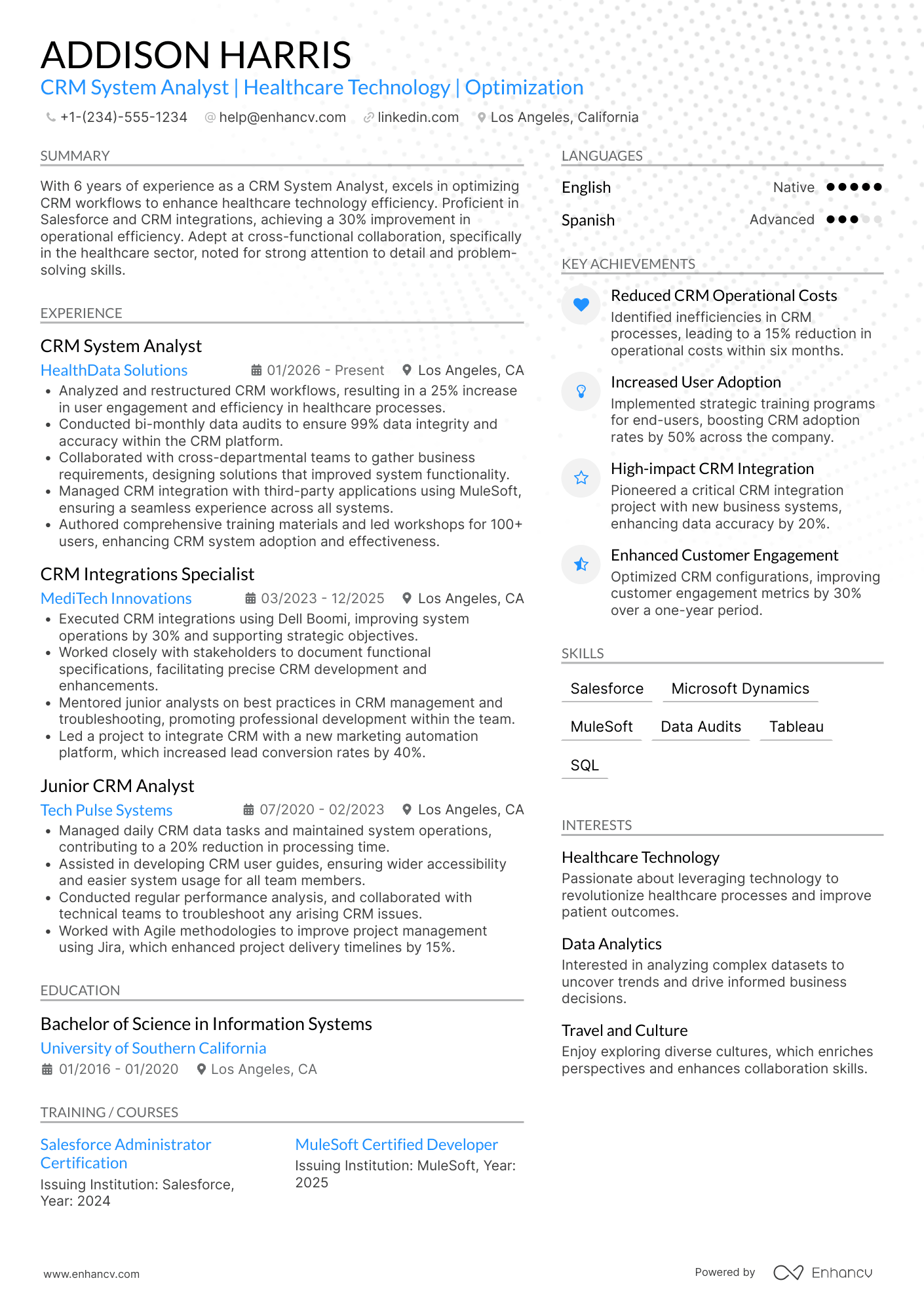 A resume example of a CRM System Analyst