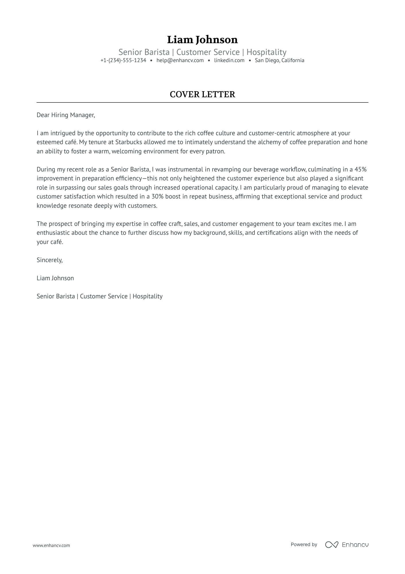 cover letter for barista position no experience