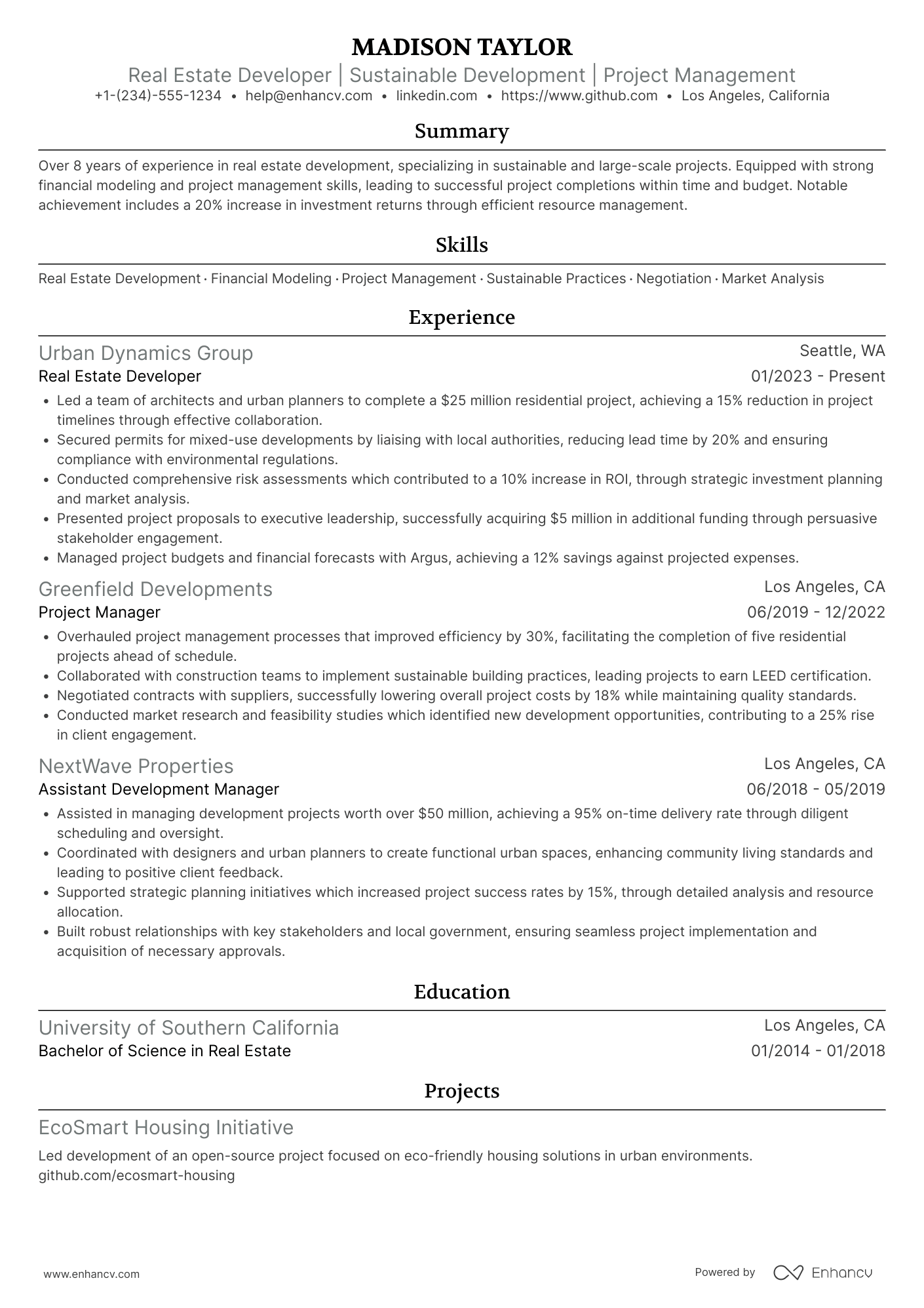 A resume example of a Real Estate Developer