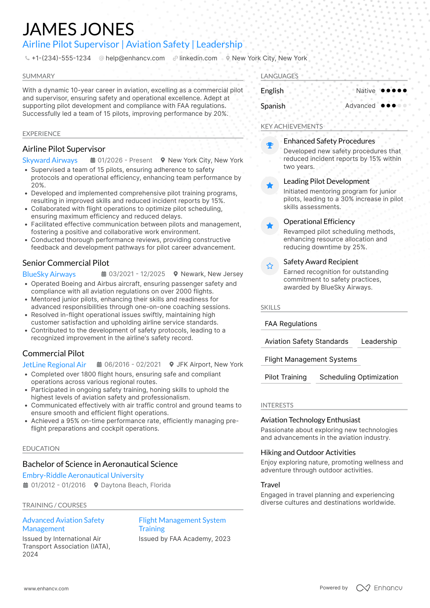 A resume example of a Airline Pilot Supervisor