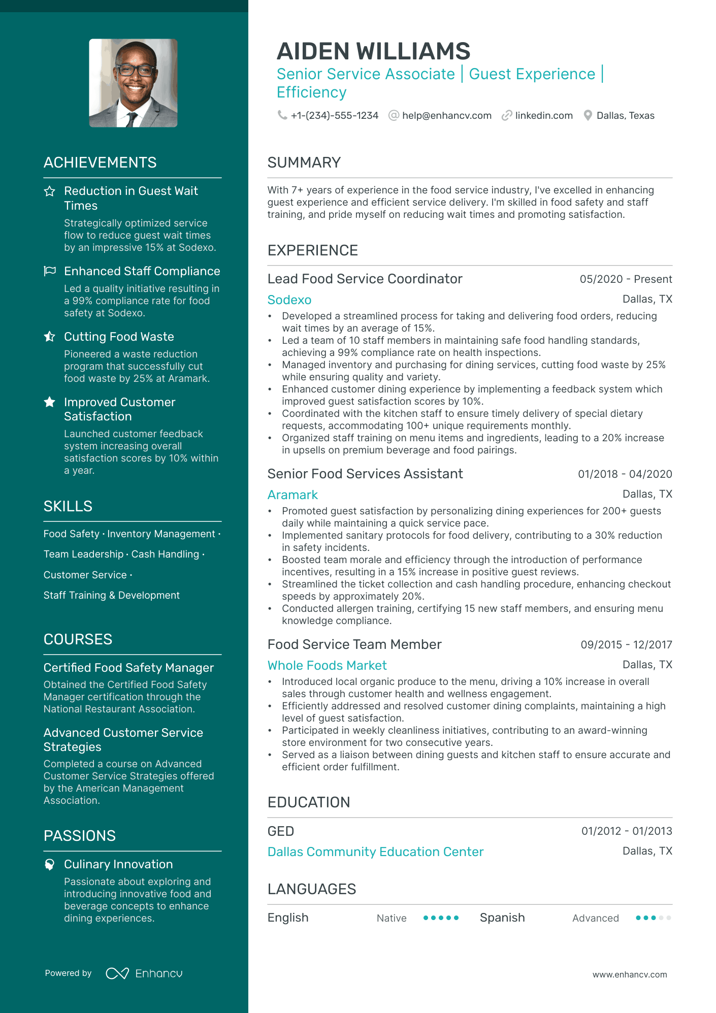 sample resume profile for waiter