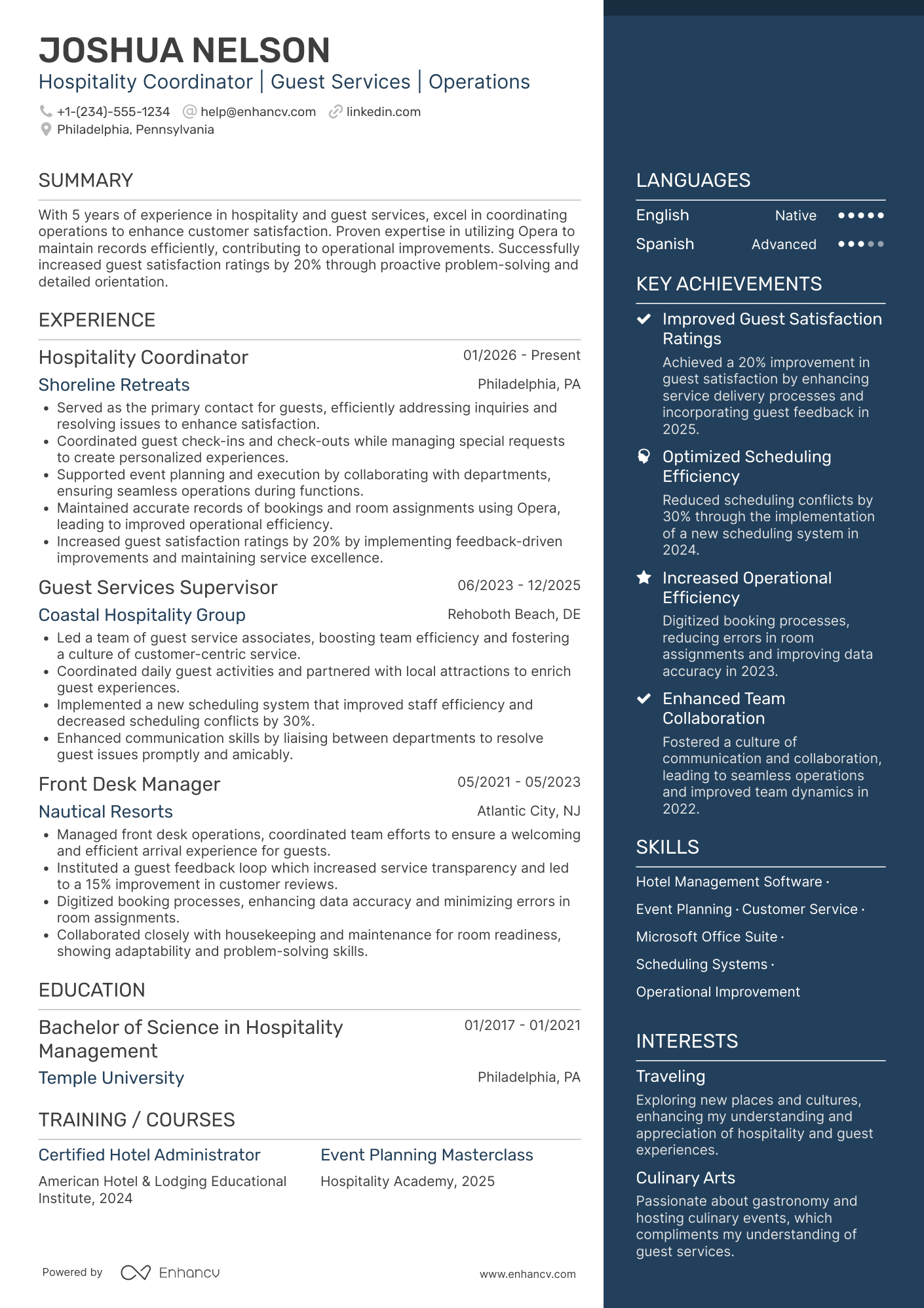 A resume example of a Hospitality Coordinator