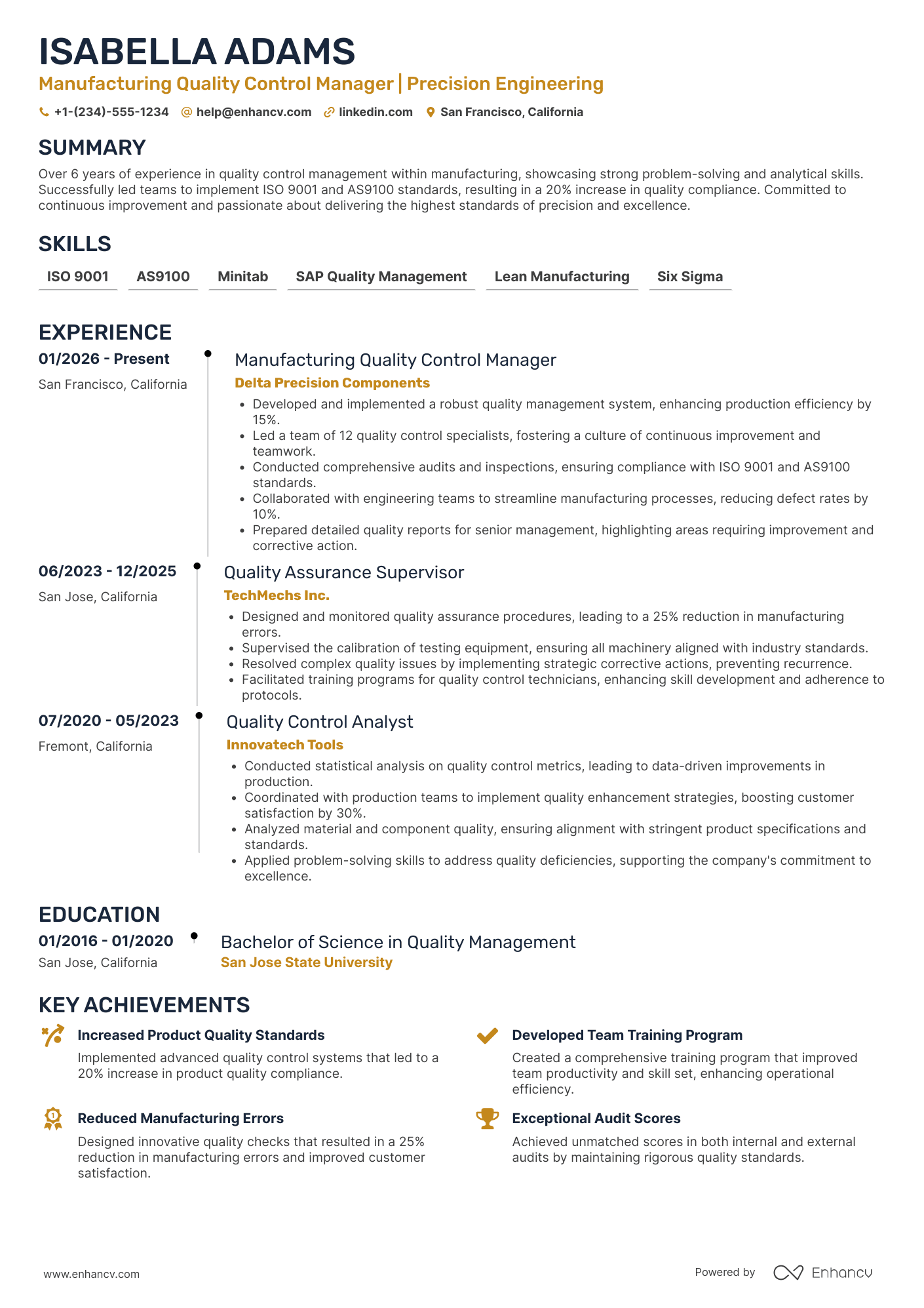 A resume example of a Manufacturing Quality Control Manager