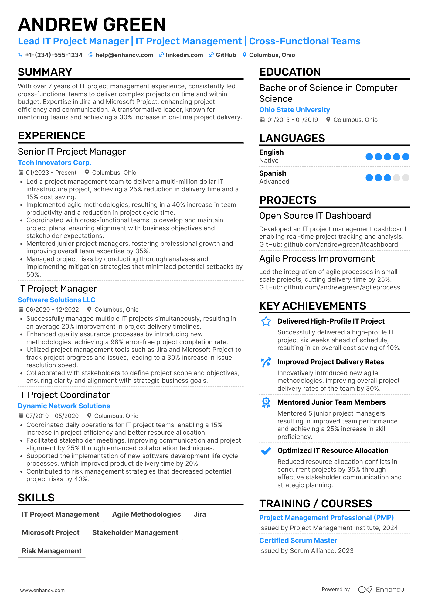 A resume example of a Lead IT Project Manager