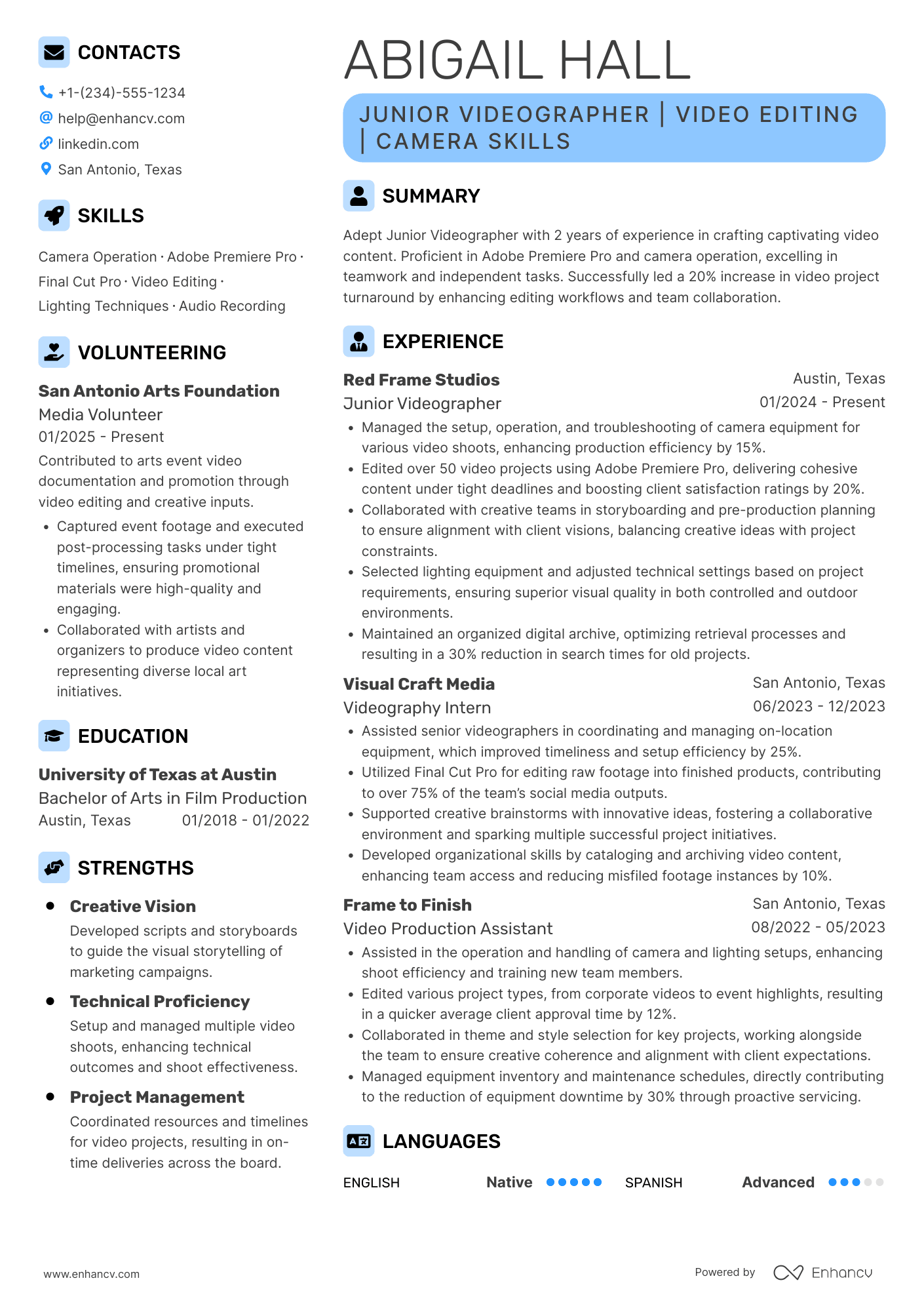 A resume example of a Junior Videographer