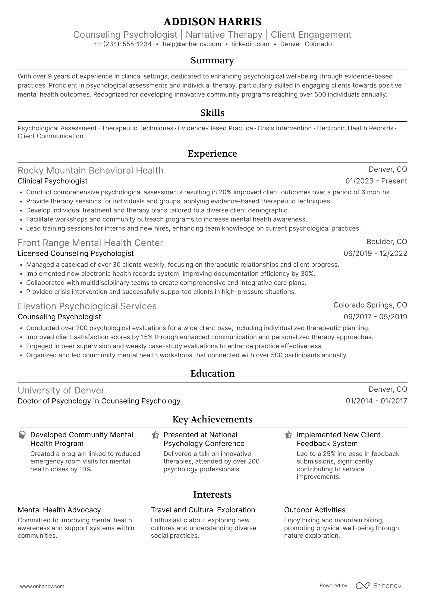 A resume example of a Counseling Psychologist