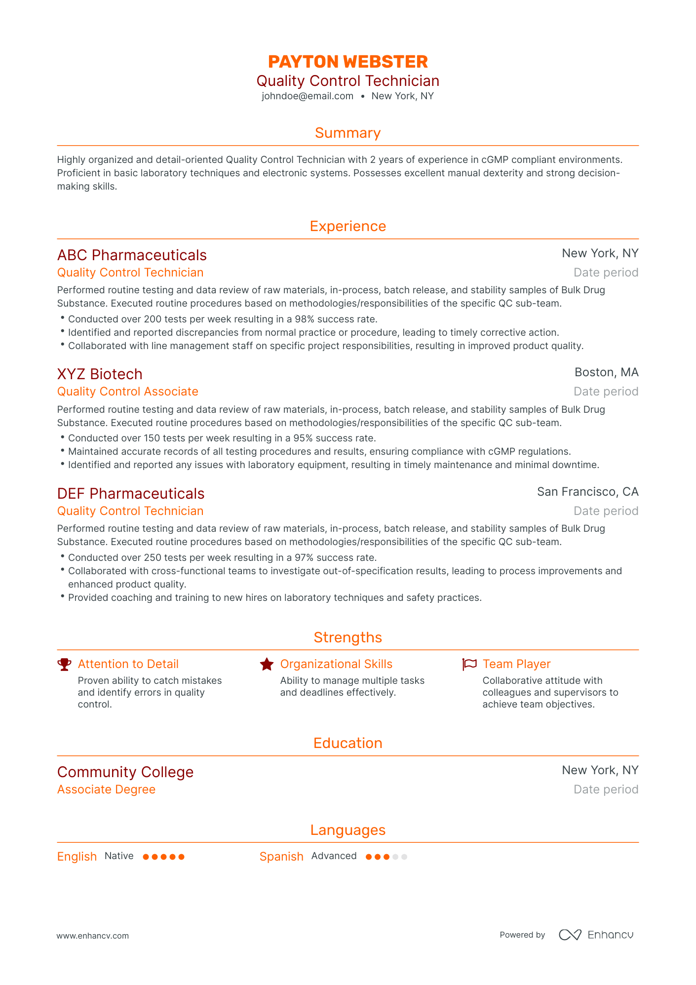 Traditional Quality Control Technician Resume Template