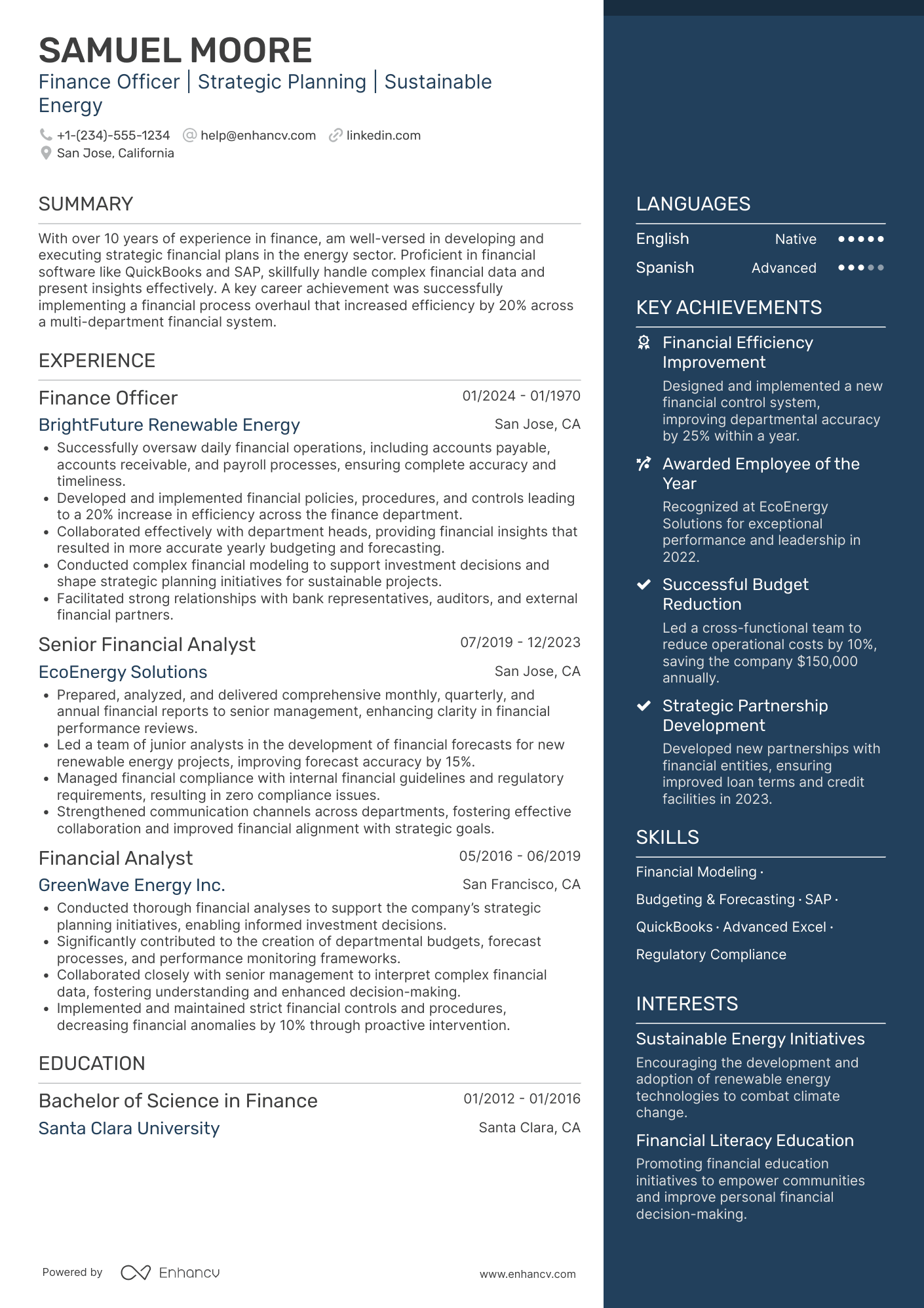 A resume example of a Finance Officer