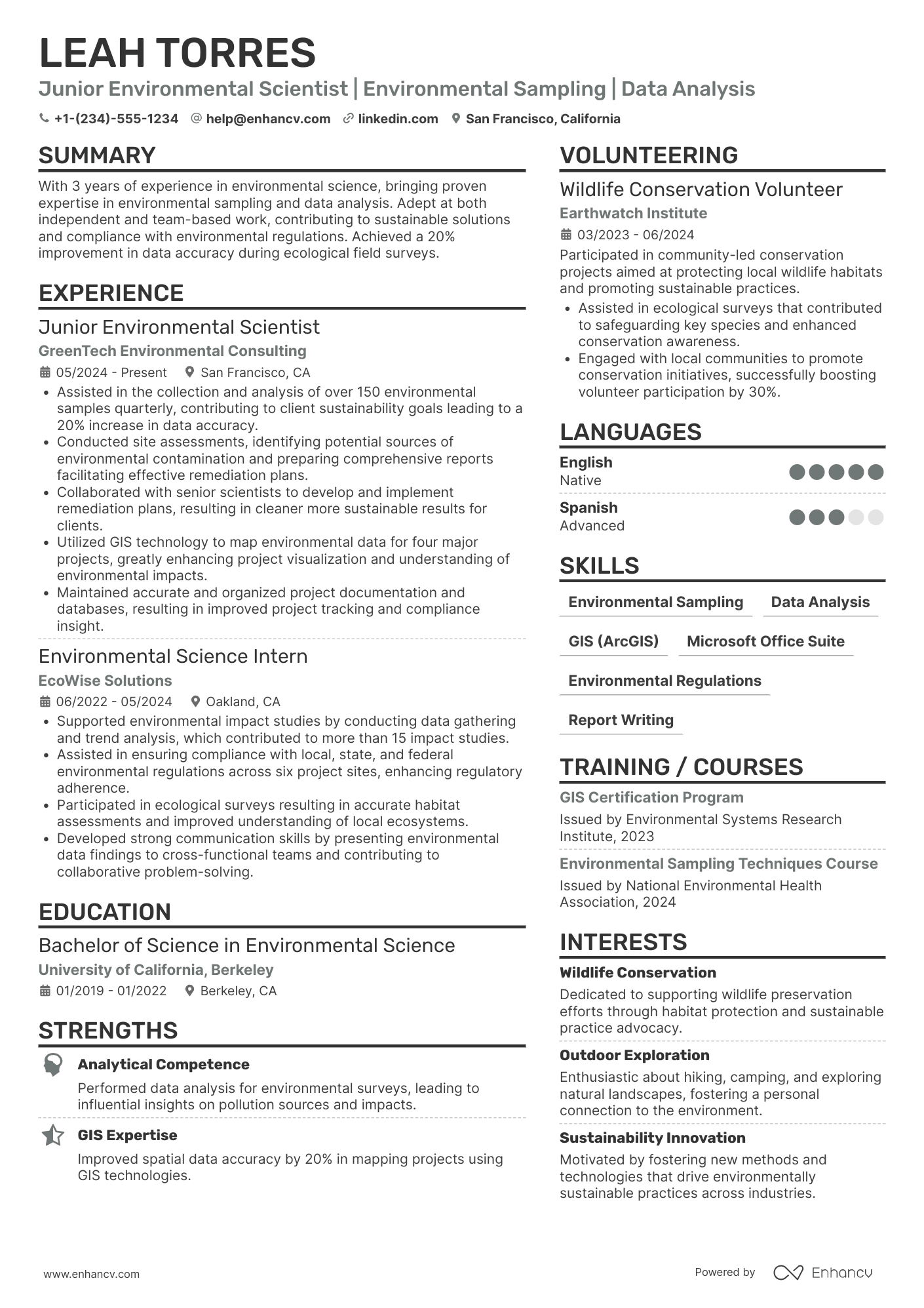 A resume example of a Junior Environmental Scientist