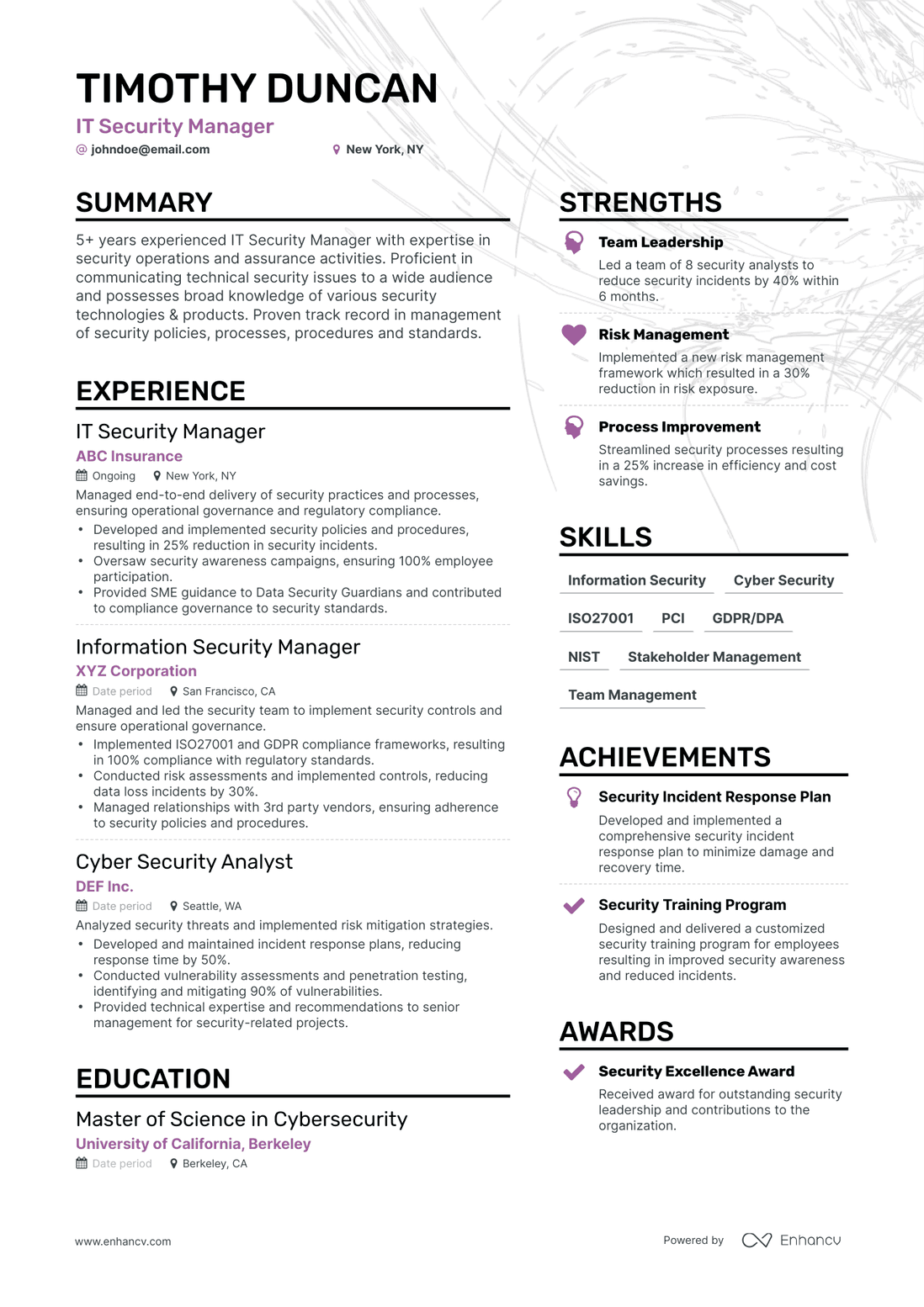 Simple IT Security Manager Resume Template