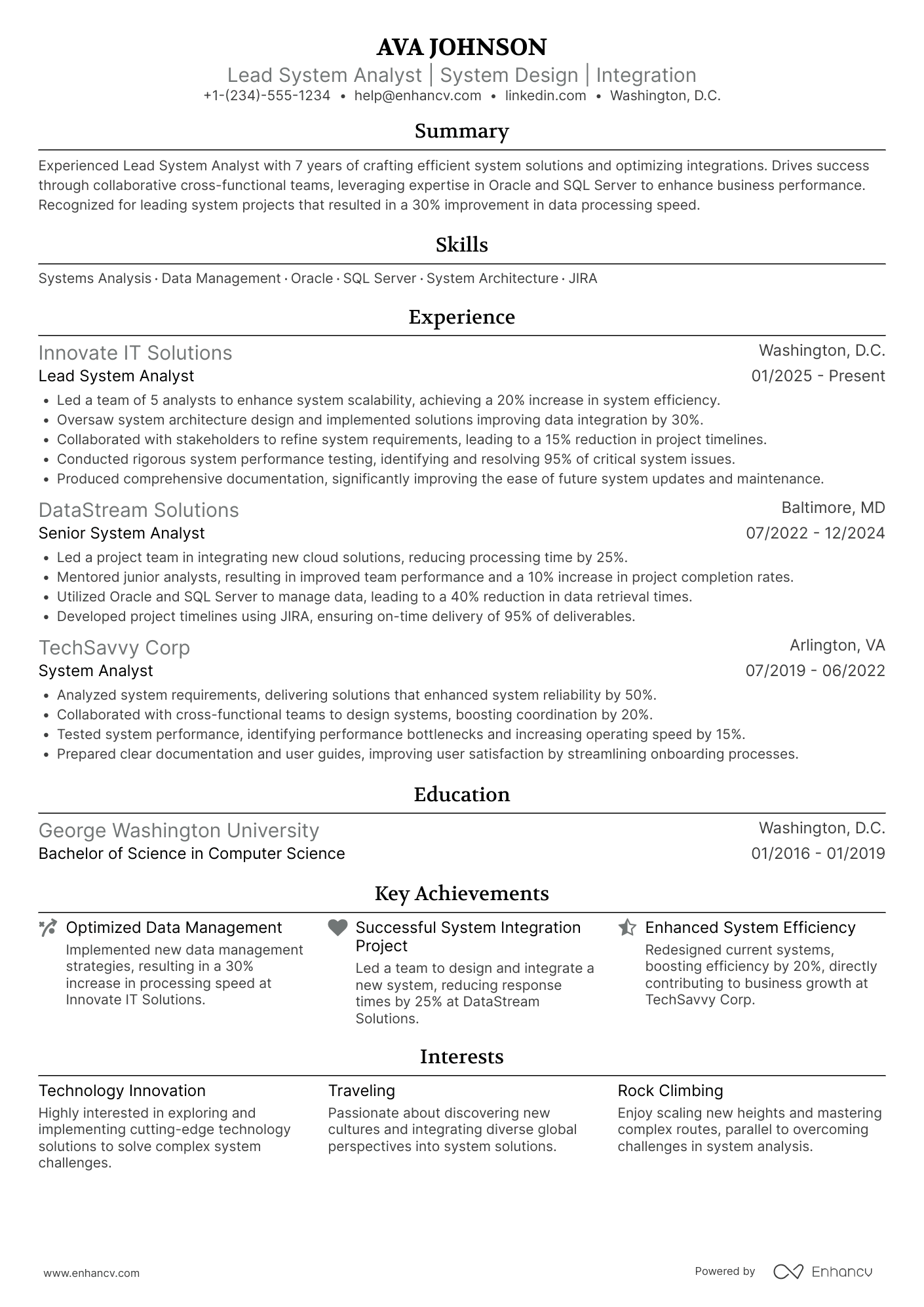 A resume example of a Lead System Analyst