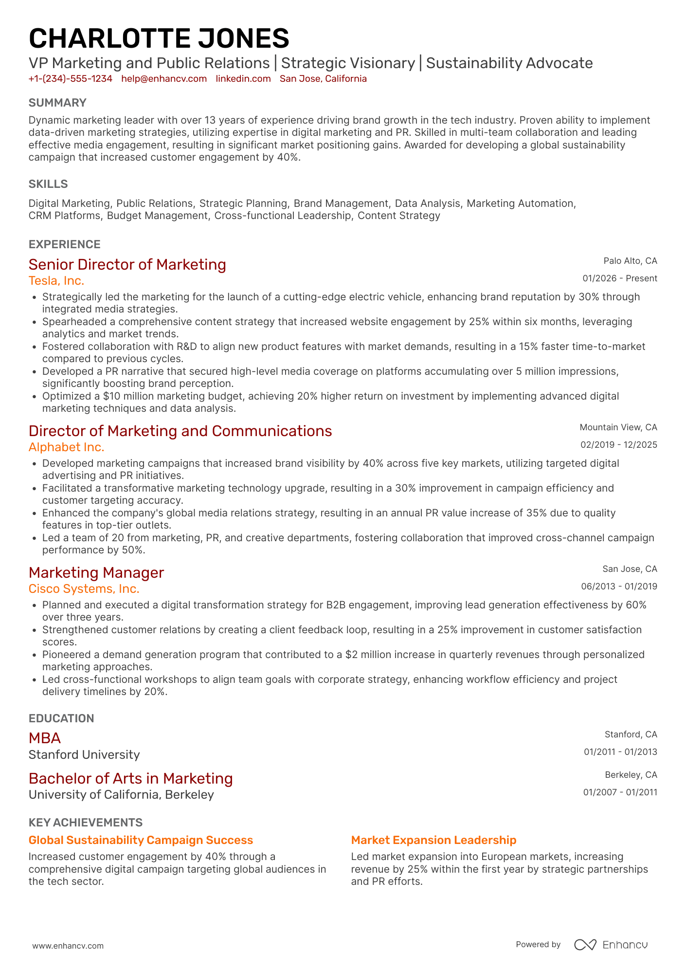 A resume example of a VP Marketing and Public Relations