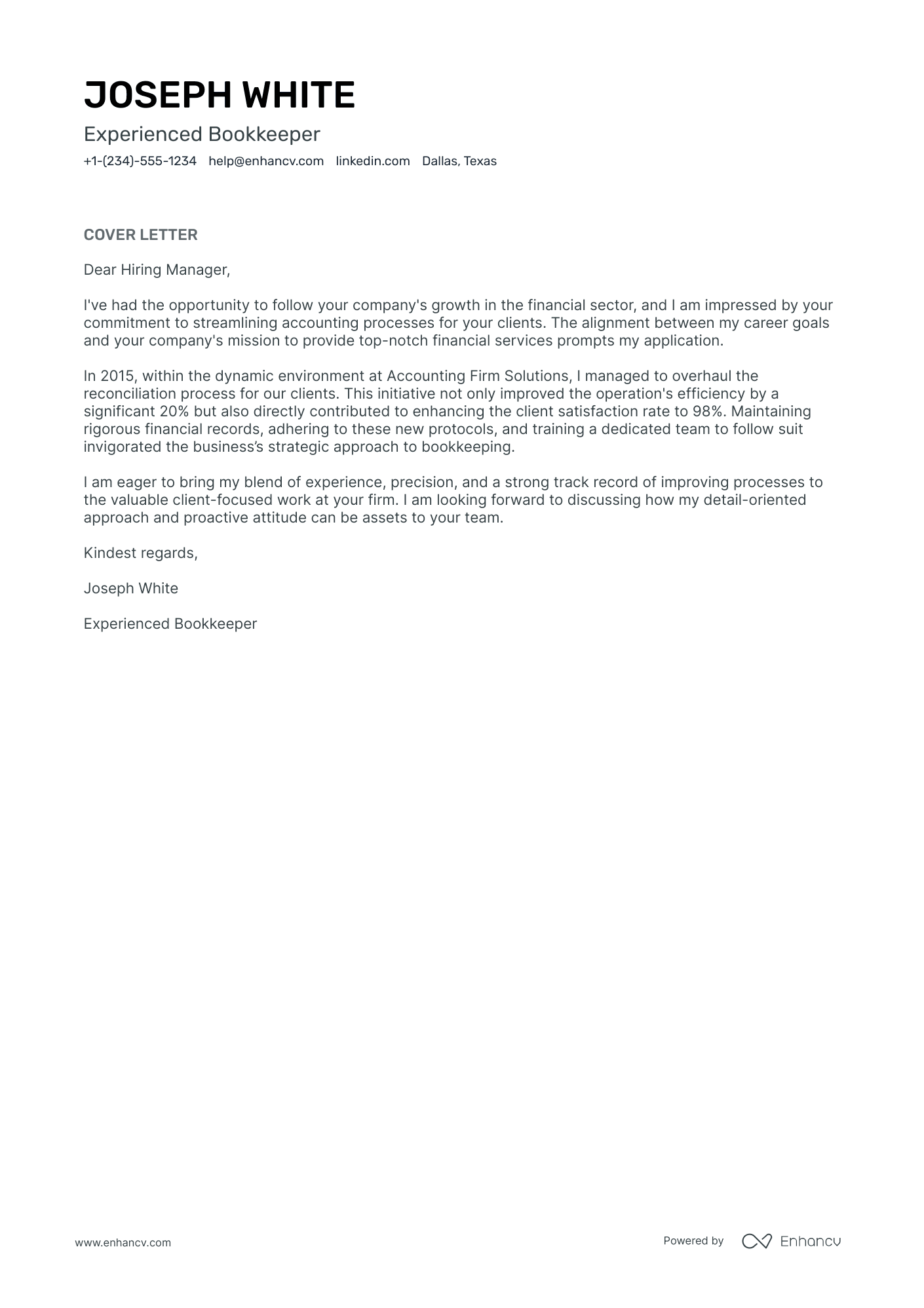 example cover letter for bookkeeper