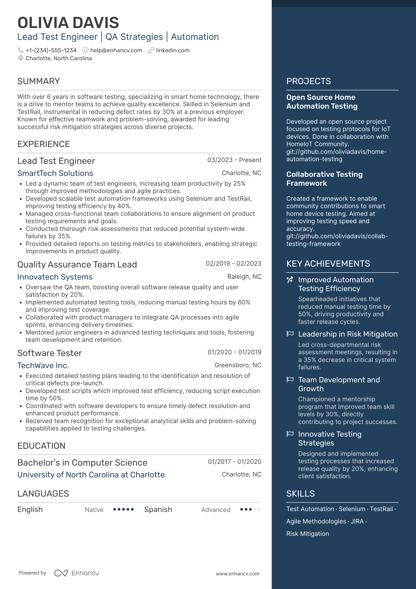 A resume example of a Lead Test Engineer