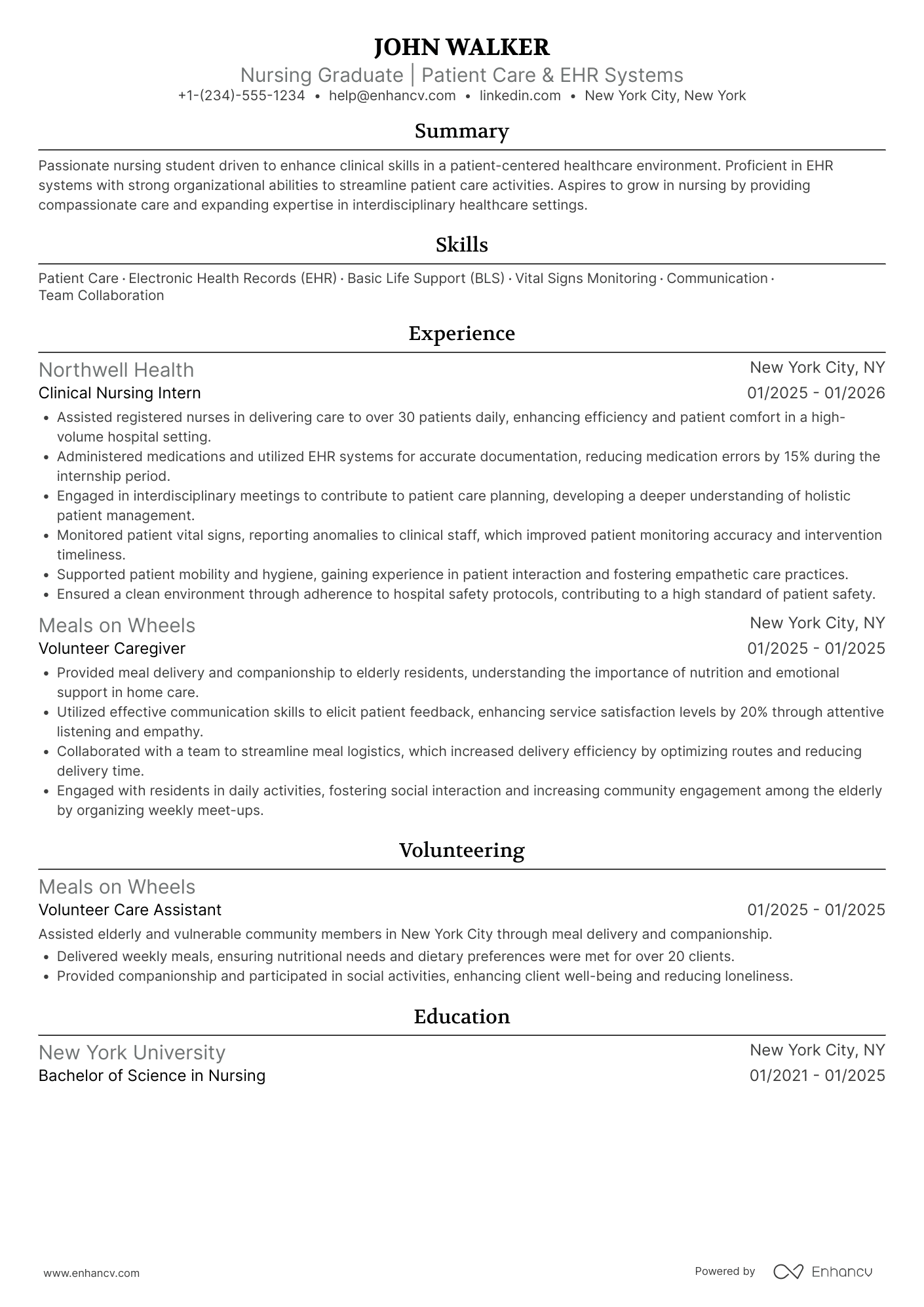 A resume example of a Nursing Student Clinical Rotation