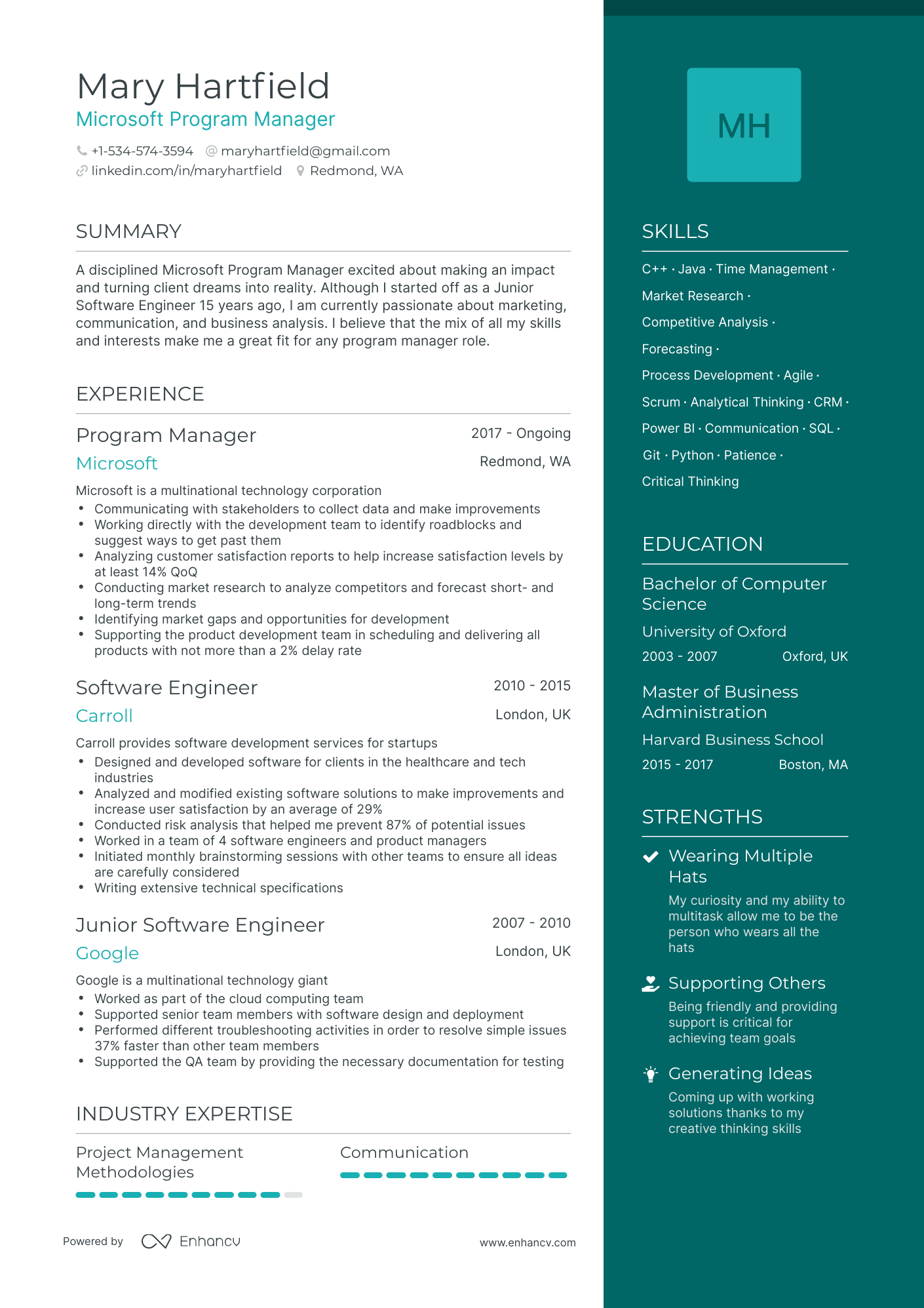 One Page Microsoft Program Manager Resume Template