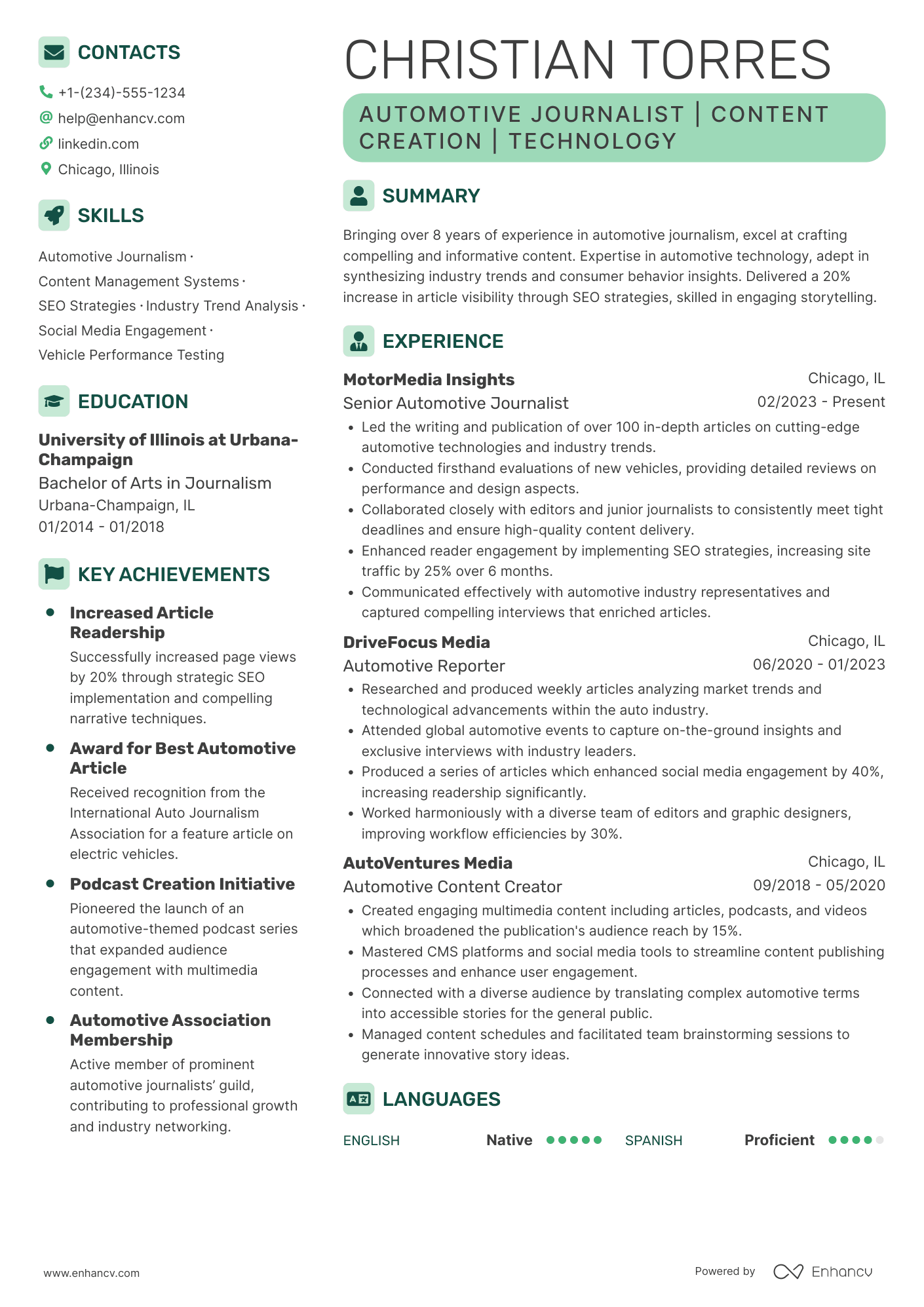 A resume example of a Automotive Journalist
