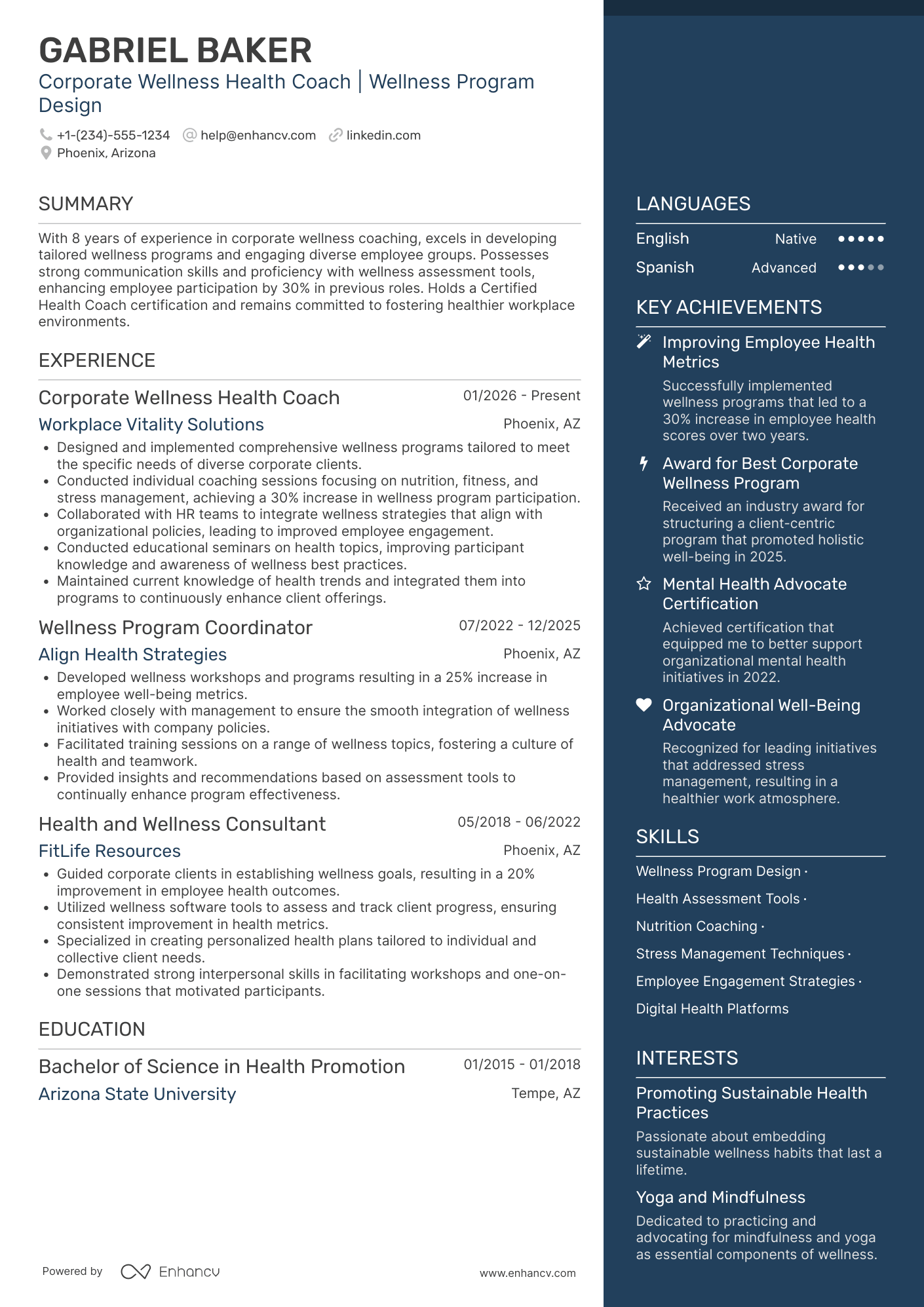 A resume example of a Corporate Wellness Health Coach
