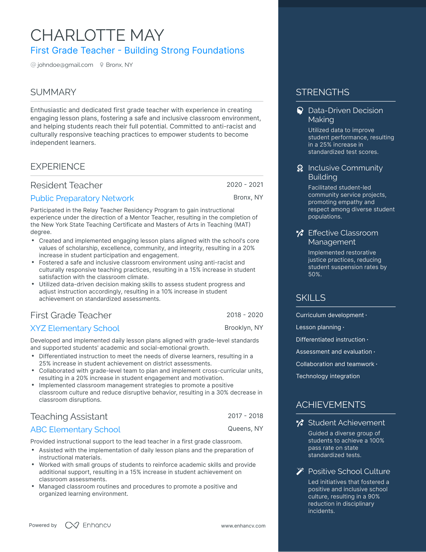 One Page First Grade Teacher Resume Template