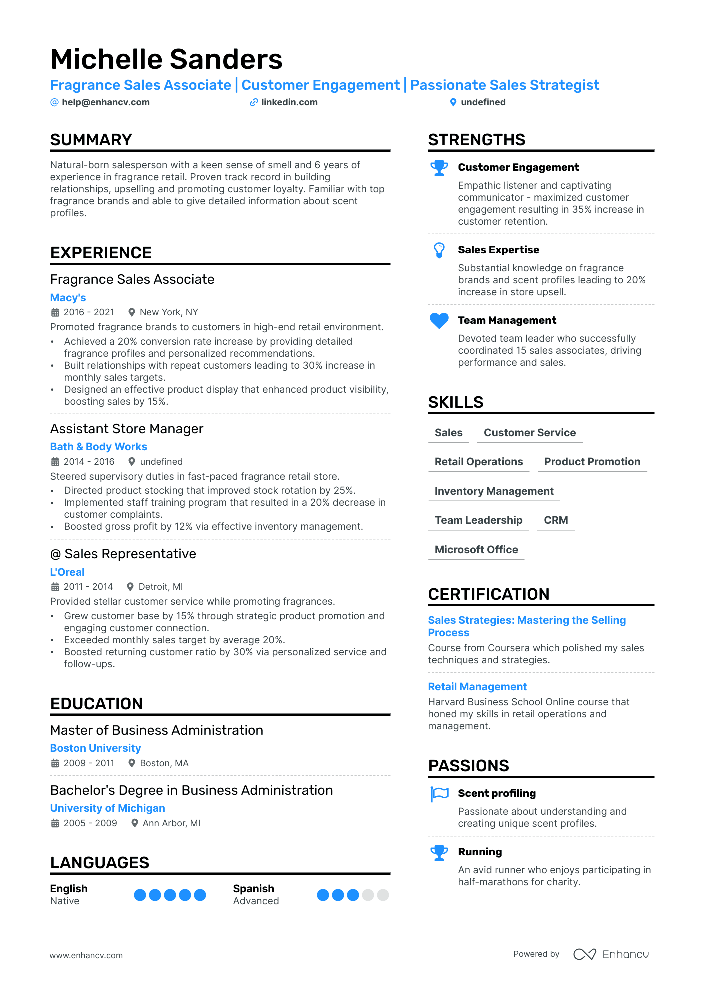 A resume example of a Fragrance Sales Associate