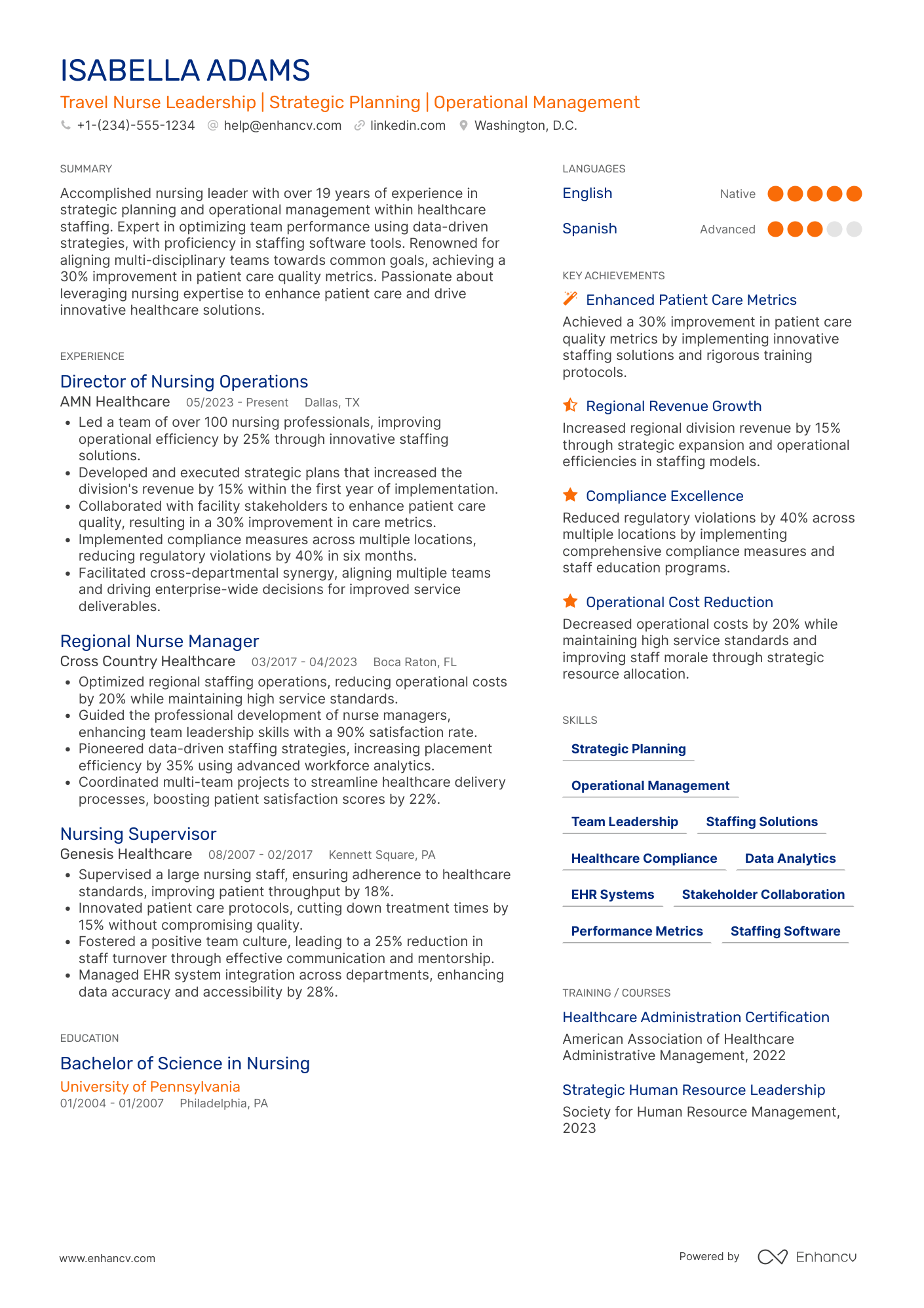 A resume example of a Travel Nurse Director