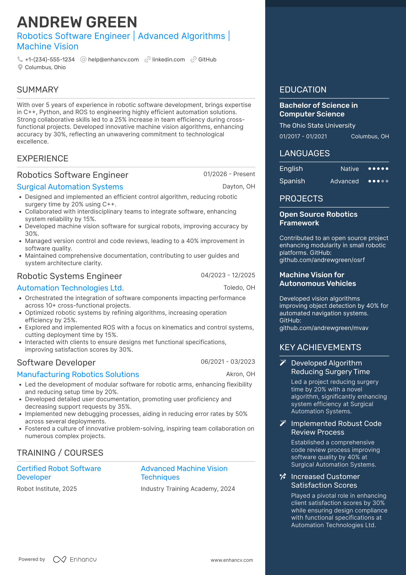 A resume example of a Robotics Software Engineer