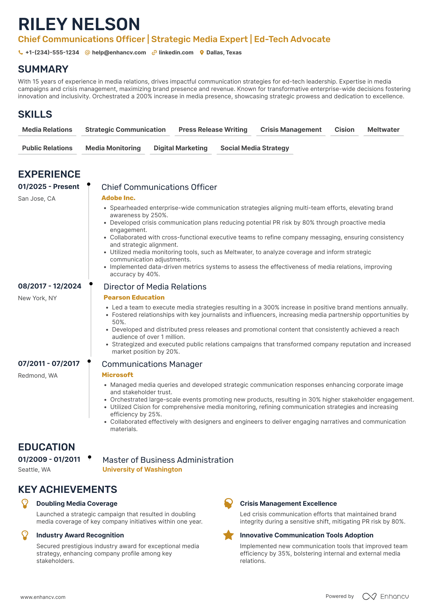 A resume example of a Chief Communications Officer for Media Relations