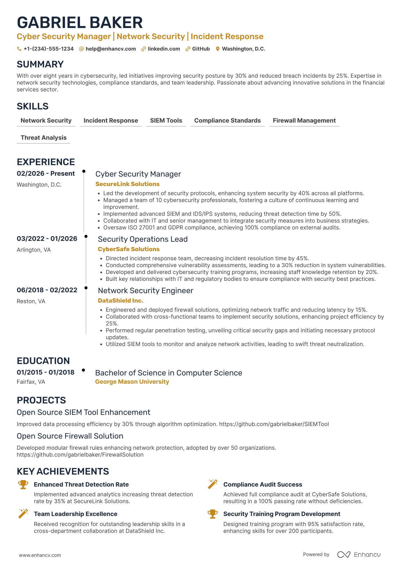 A resume example of a Cyber Security Manager
