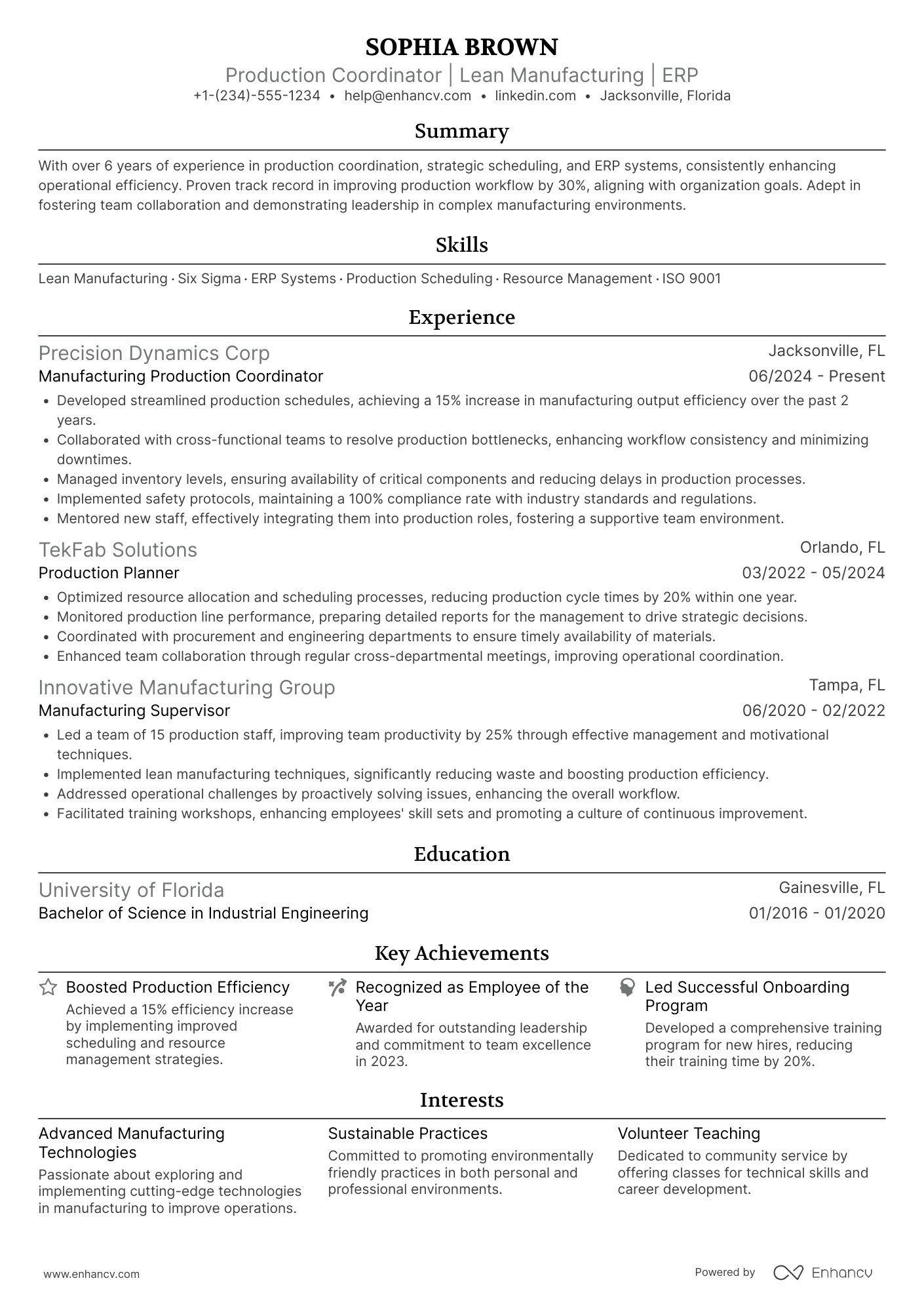 A resume example of a Manufacturing Production Coordinator