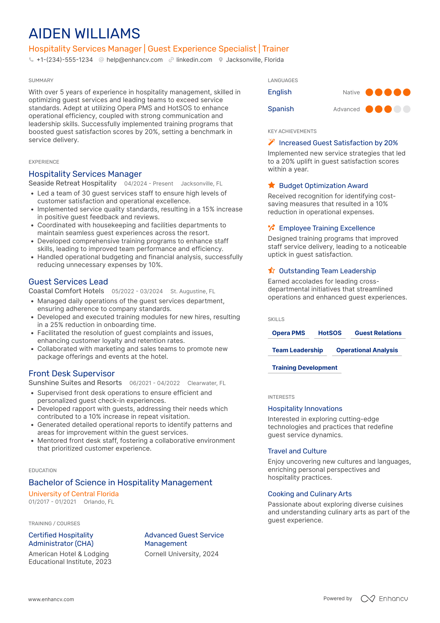 A resume example of a Hospitality Services Manager