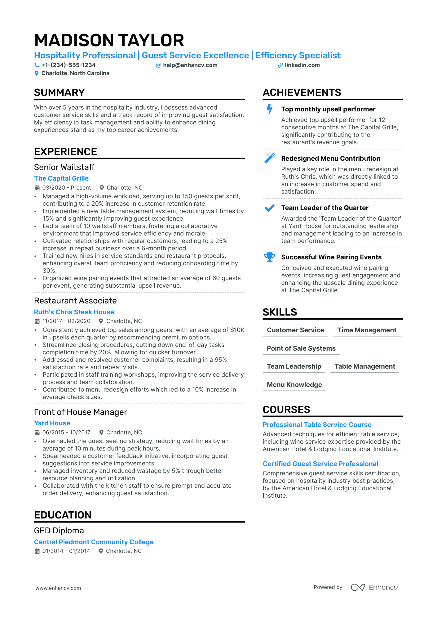 sample resume for a waitress